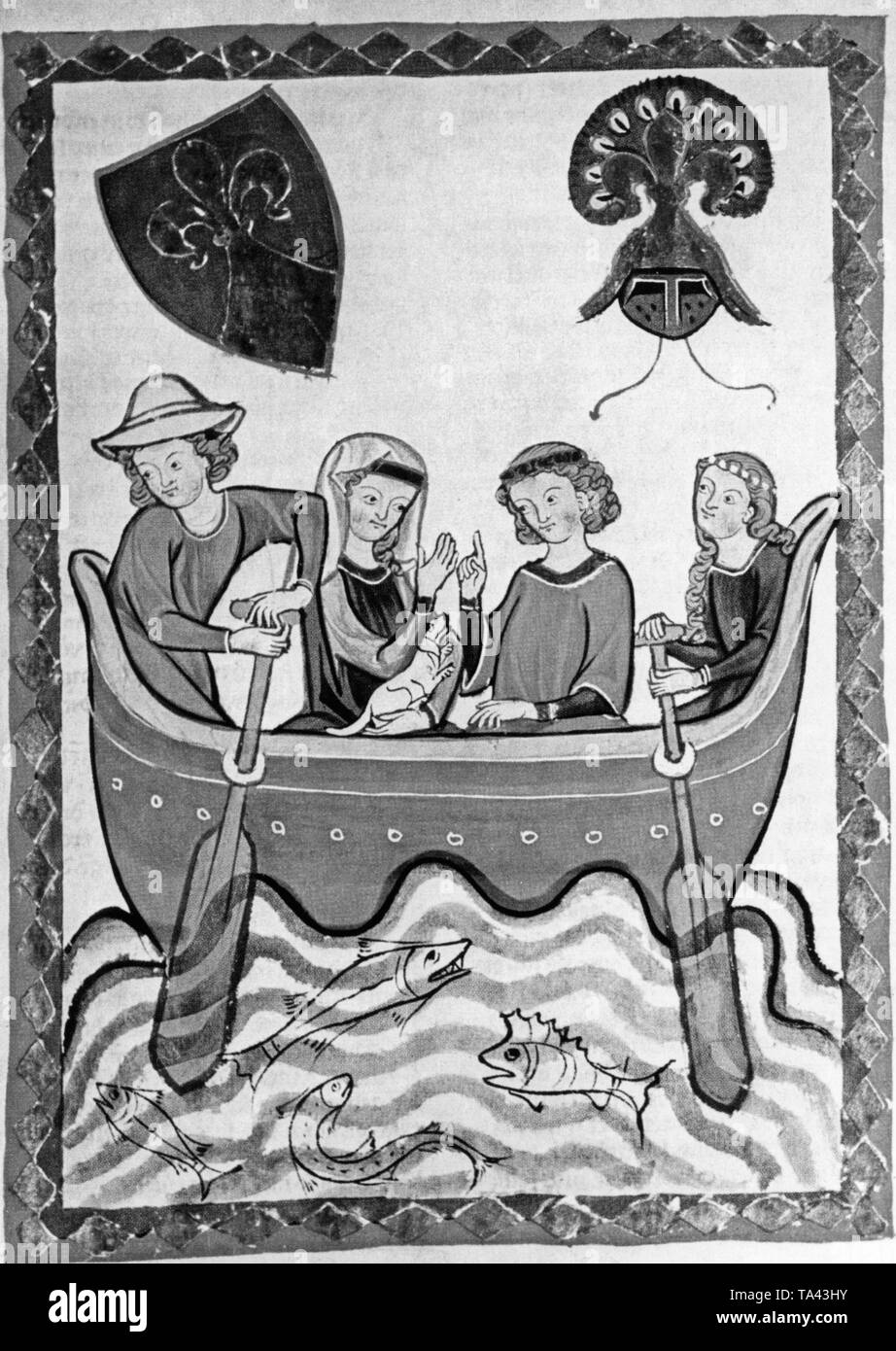 Der Minnesaenger (Minnesänger) mit einem neune Dame in ein Boot, das von einem Knecht und einer Magd gerudert wird. Stockfoto