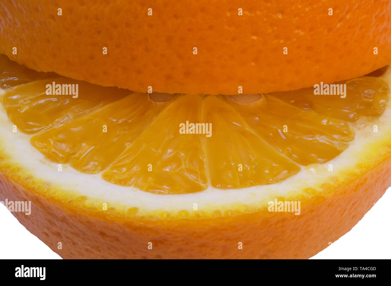 Schneiden reif Sweet Orange close-up auf einem weißen Hintergrund Makro Foto mit einem großen Schärfentiefe Stockfoto