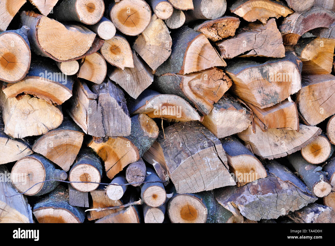 Von gestapelte Holz- Stapel von Holz, Holz für die Raumheizung Hintergrund Stockfoto