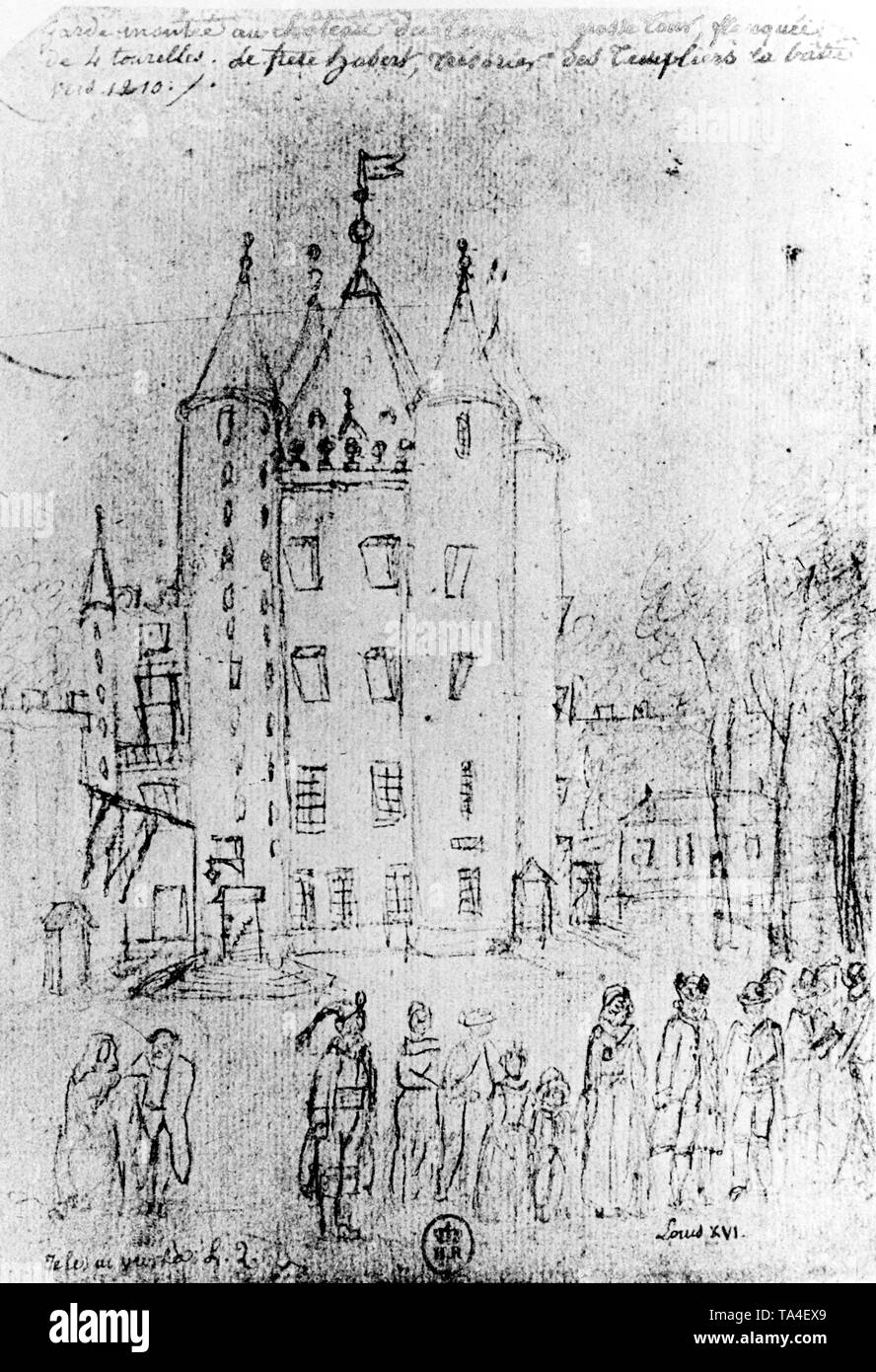 Skizze der Turm genannt "Tempel", Teil des 12. Jahrhunderts Templer Kloster, wird das Gefängnis von König Ludwig XVI. und seiner Familie in der Zeit der Französischen Revolution. Stockfoto