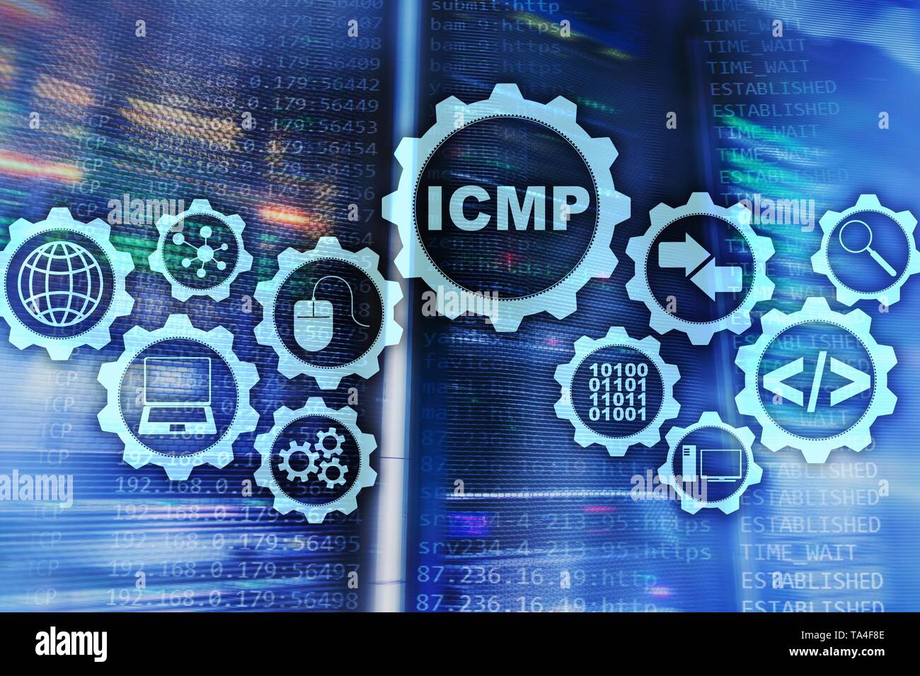 ICMP. Internet Control Message Protocol. Netzwerk Konzept. Serverraum im Hintergrund. Stockfoto