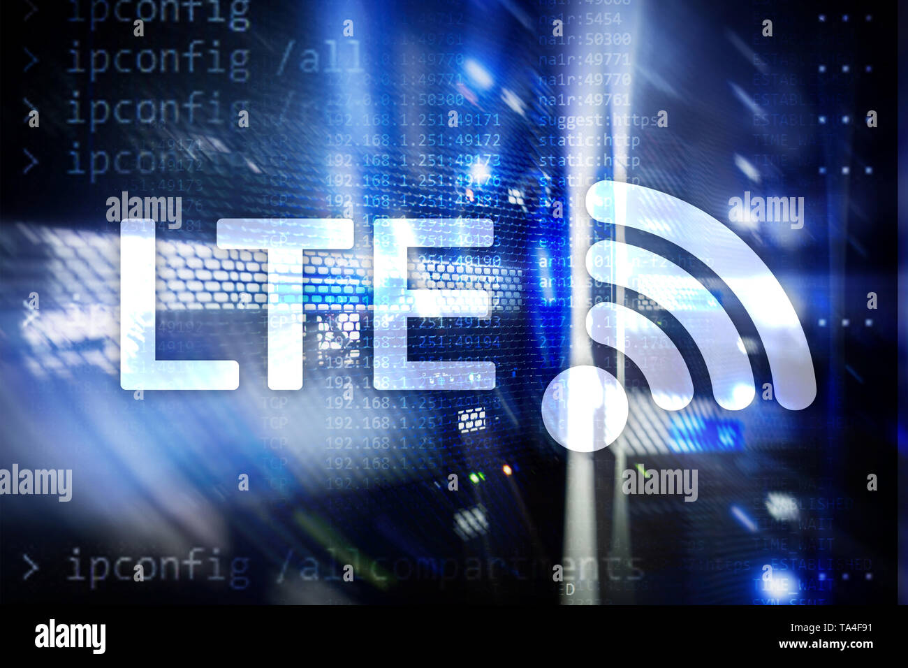 LTE, WLAN-Geschäft Internet und Virtuelle Realität Konzept. Informations- und Kommunikationstechnologie auf einem Server im Hintergrund. Stockfoto