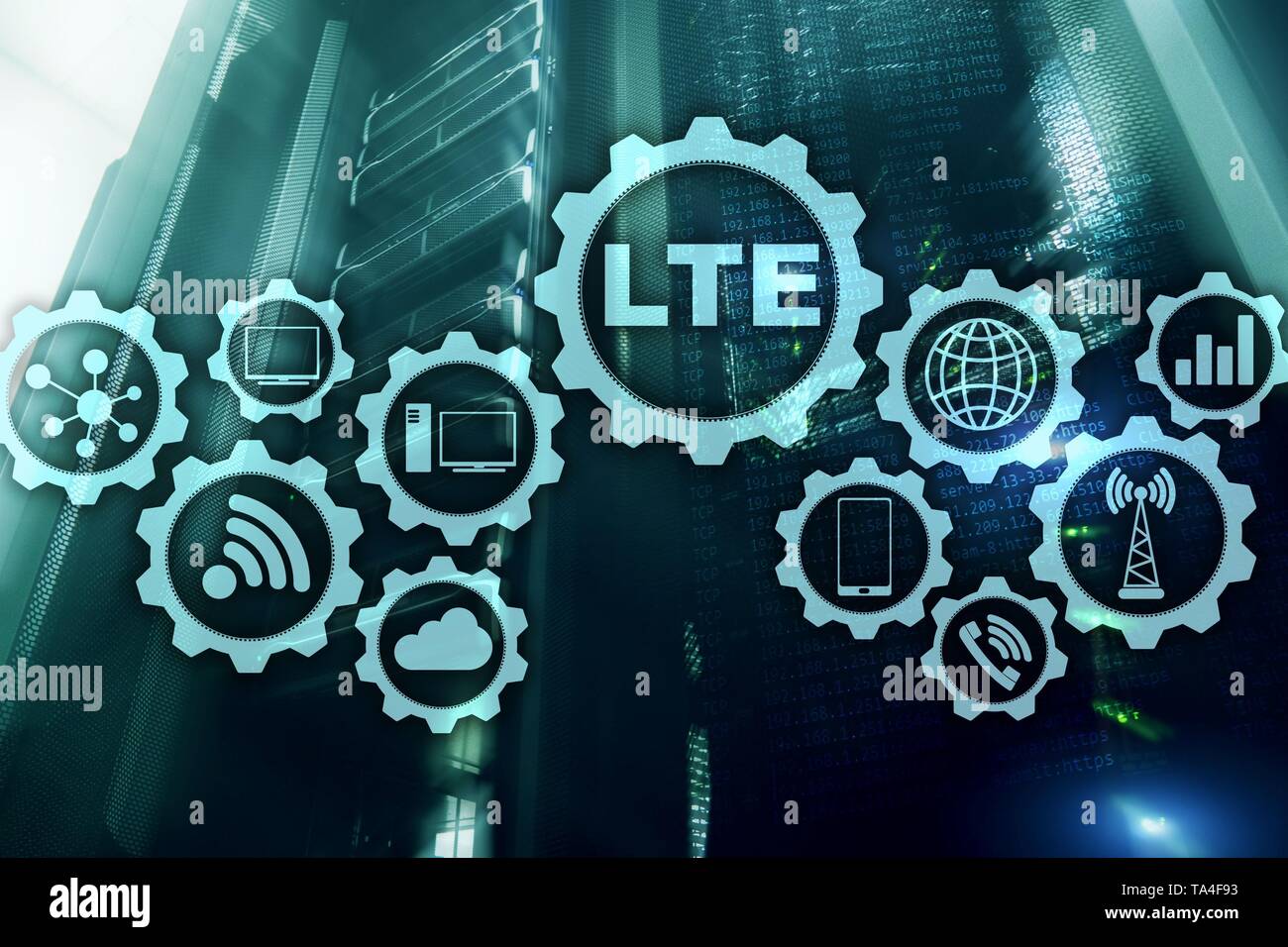 LTE, WLAN-Geschäft Internet und Virtuelle Realität Konzept. Informations- und Kommunikationstechnologie auf einem Server im Hintergrund. Stockfoto