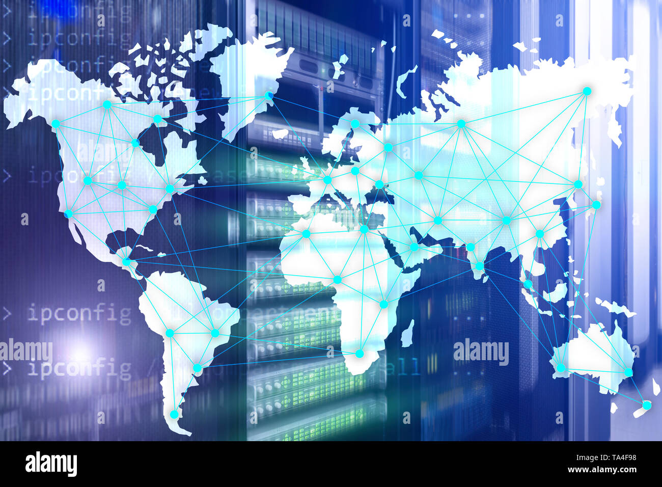 Internet und Telekommunikation Konzept mit Weltkarte auf serverraum Hintergrund. Stockfoto