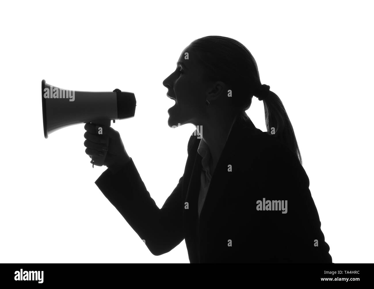 Silhouette der schönen Geschäftsfrau mit Megafon auf weißem Hintergrund Stockfoto