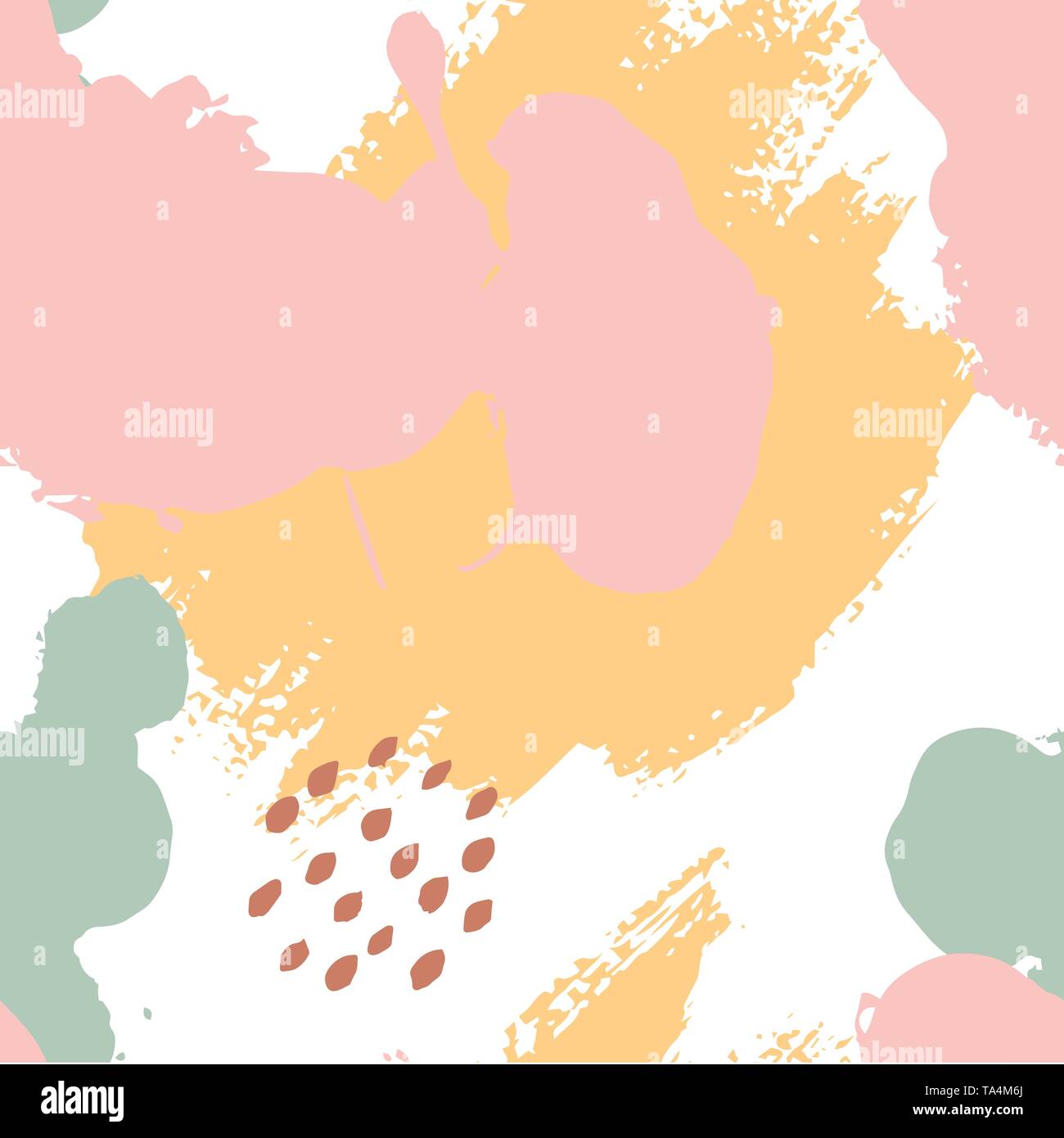 Von Hand bemalt Pinselstriche in Rosa, Senf, Minze, Braun, Weiß. Die nahtlose Vektor abstraktes Muster, Hintergrund der Textur Striche und Punkte, Punkte Stock Vektor