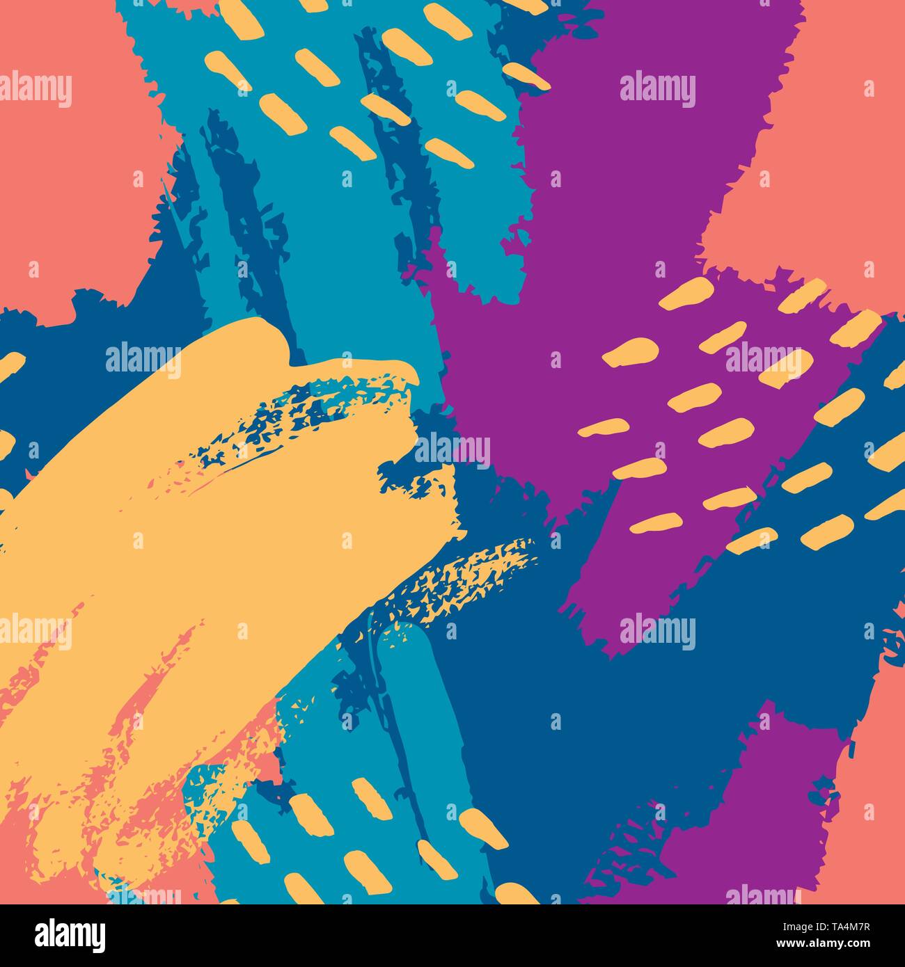 Von Hand bemalt Pinselstriche in Blau, Gelb, Blau, Koralle. Die nahtlose Vektor abstraktes Muster, Hintergrund der Textur Striche und Punkte, Punkte Stock Vektor