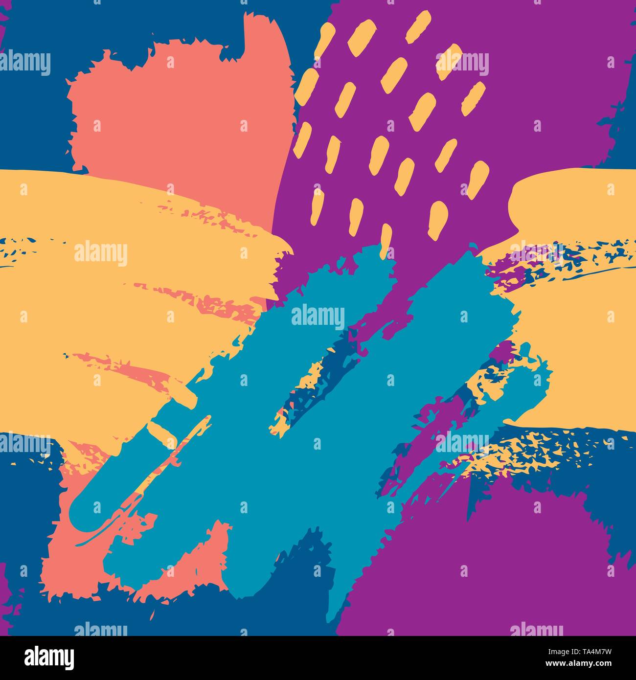Von Hand bemalt Pinselstriche in Blau, Gelb, Blau, Koralle. Die nahtlose Vektor abstraktes Muster, Hintergrund der Textur Striche und Punkte, Punkte Stock Vektor