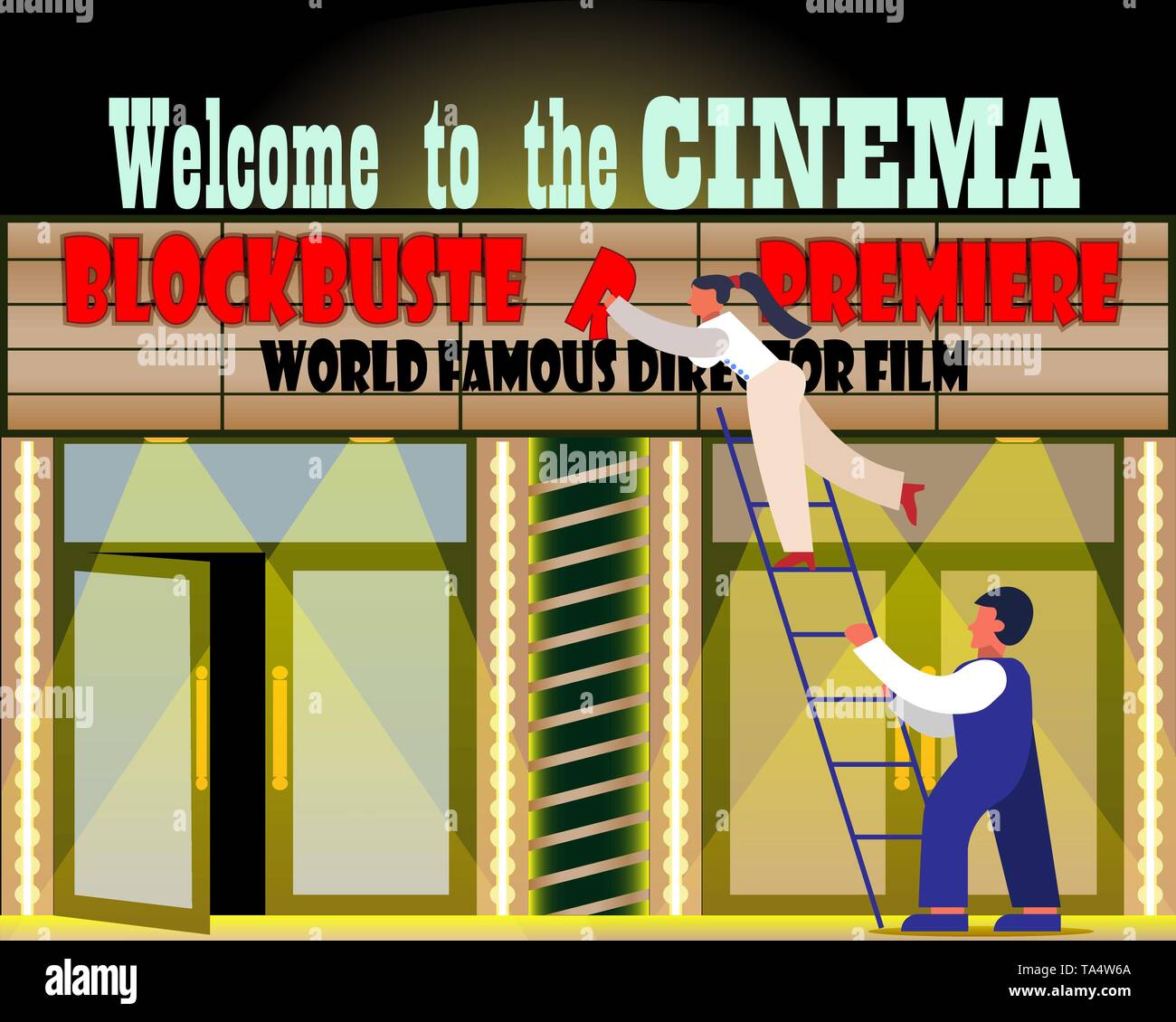 Die Fassade der Cinema Gebäude. Arbeitnehmer fix das Zeichen. Vector Illustration Stock Vektor