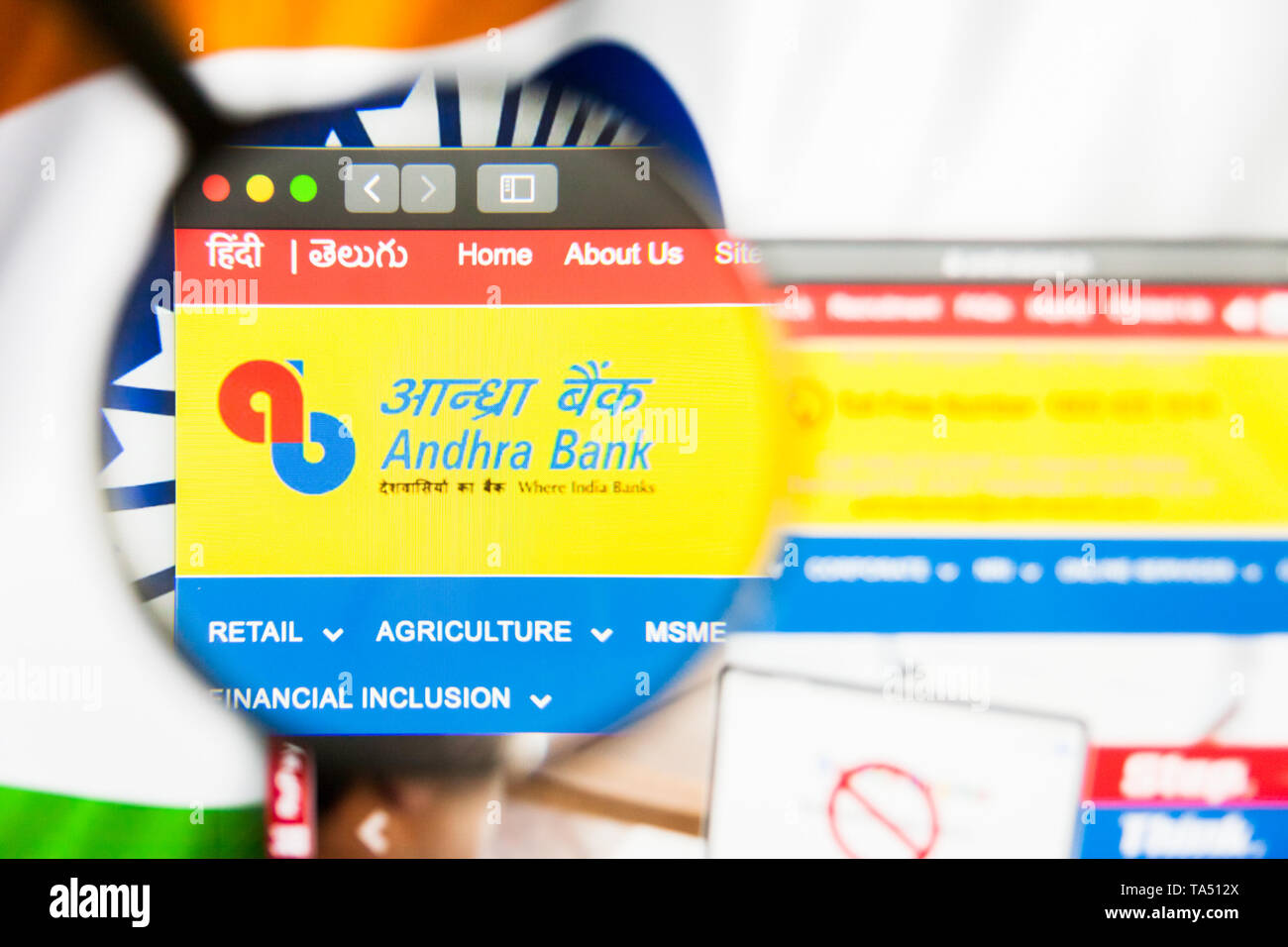 New York, New York State, USA - 21. Mai 2019: Illustrative Leitartikel der indischen Firma Andhra Bank Website Homepage. Andhra Bank Logo auf Bildschirm sichtbar Stockfoto