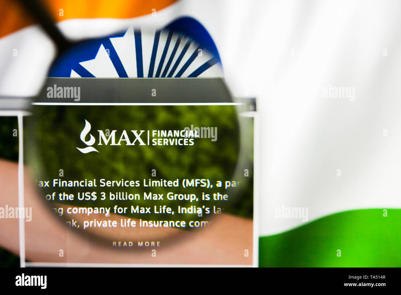 New York, New York State, USA - 21. Mai 2019: Illustrative Editorial der indischen Firma Max finanzielle Homepage Dienstleistungen. Max Financial Services Stockfoto