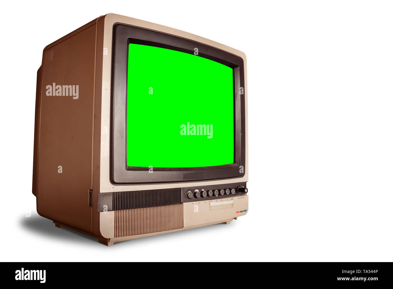 Seitenansicht des Alten retro Home TV-Empfänger mit leeren Bildschirm Grün auf weißem Hintergrund mit Freistellungspfad isoliert Stockfoto