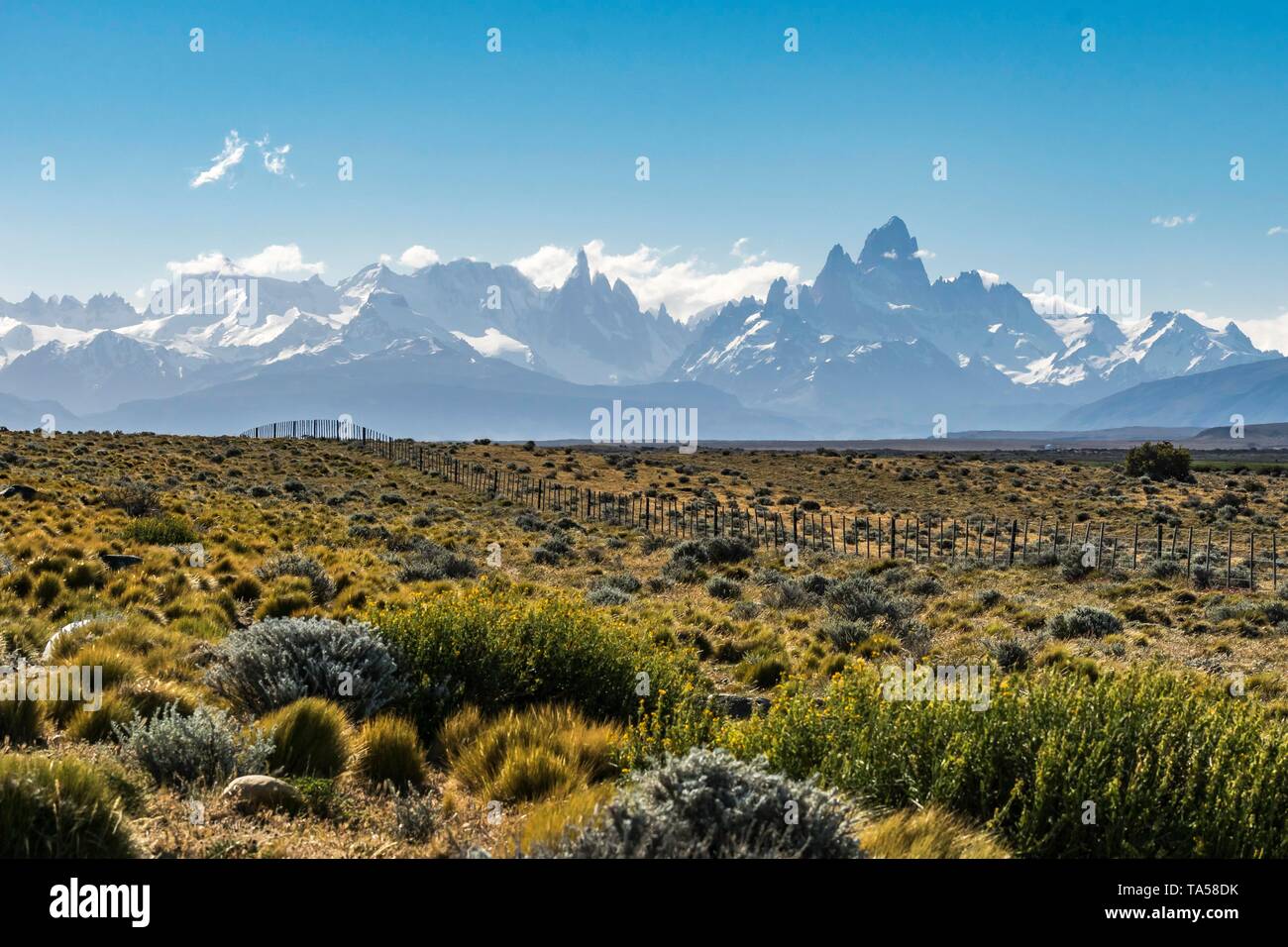 Gebirge mit Cerro Torre und Fitz Roy, Nationalpark Los Glaciares, Provinz Santa Cruz, Patagonien, Argentinien Stockfoto