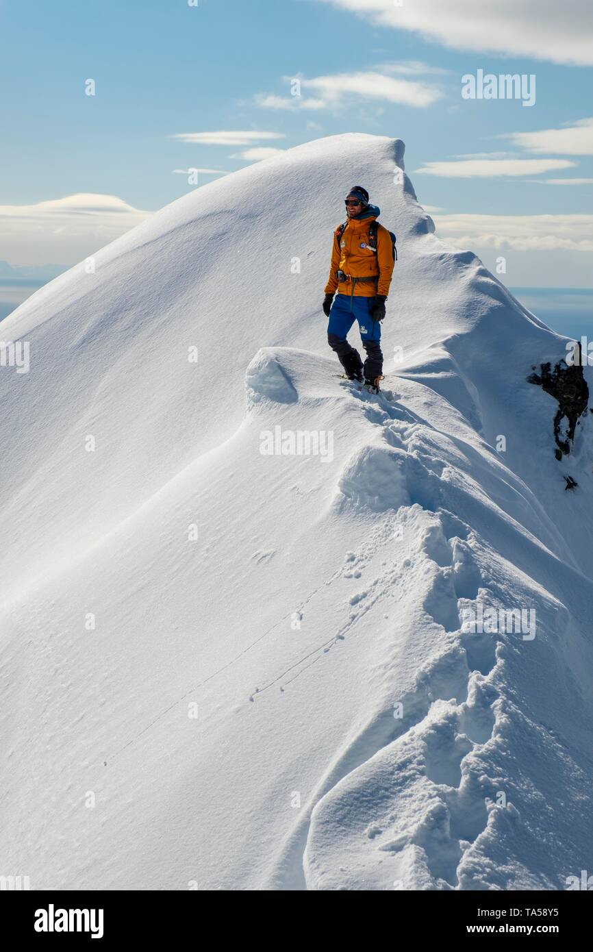 Bergsteiger im Schnee auf dem Kamm des Stortinden, Svolvaer, Austvagoy, Lofoten, Norwegen Stockfoto