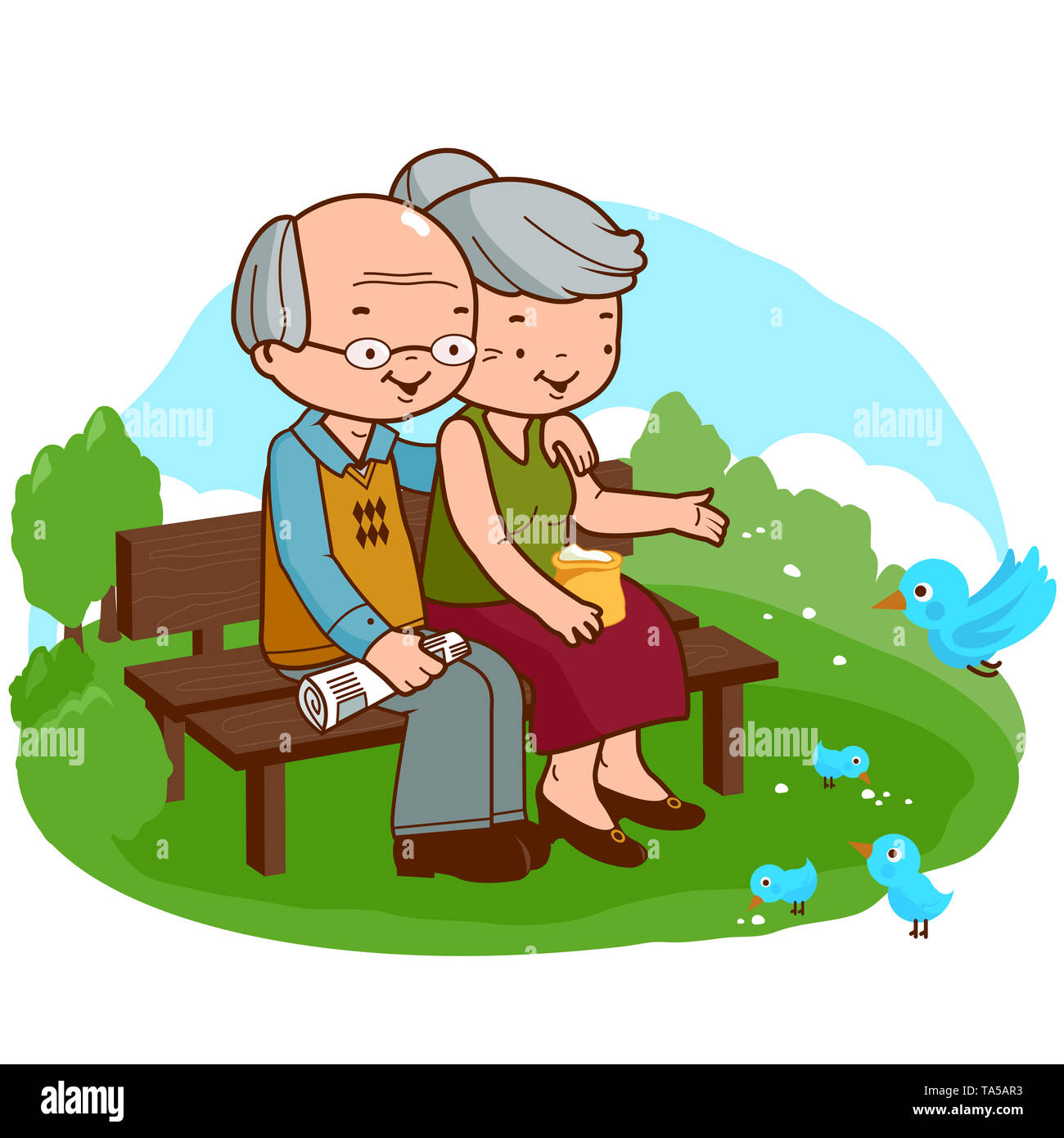 Senior Pärchen im Park. Alte Leute sitzen auf einer Bank im Park in der Natur. Stockfoto