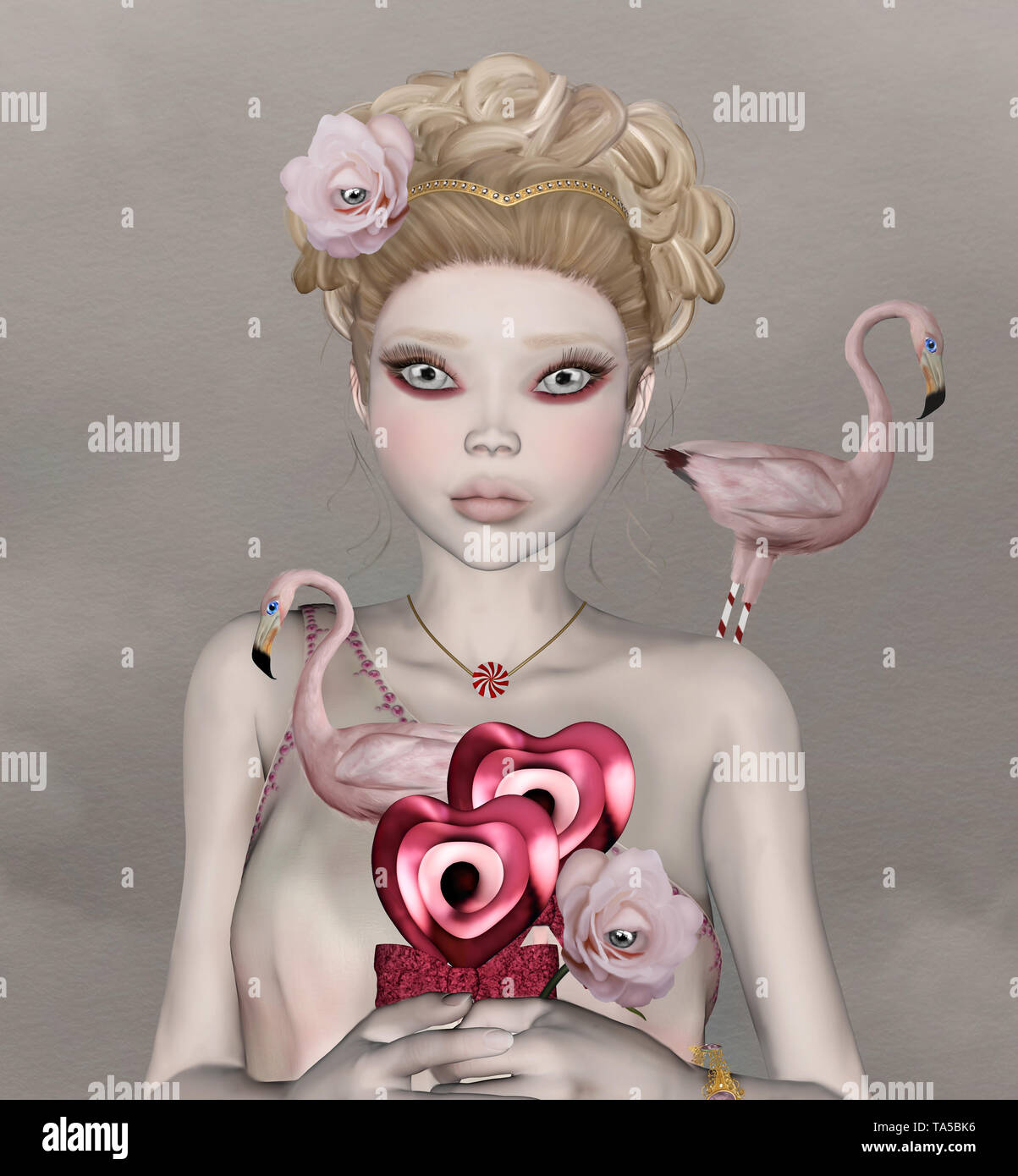 Surreale Abbildung: Ein junges Mädchen mit großen Augen und einem rosa Flamingo auf ihrer Schulter Stockfoto
