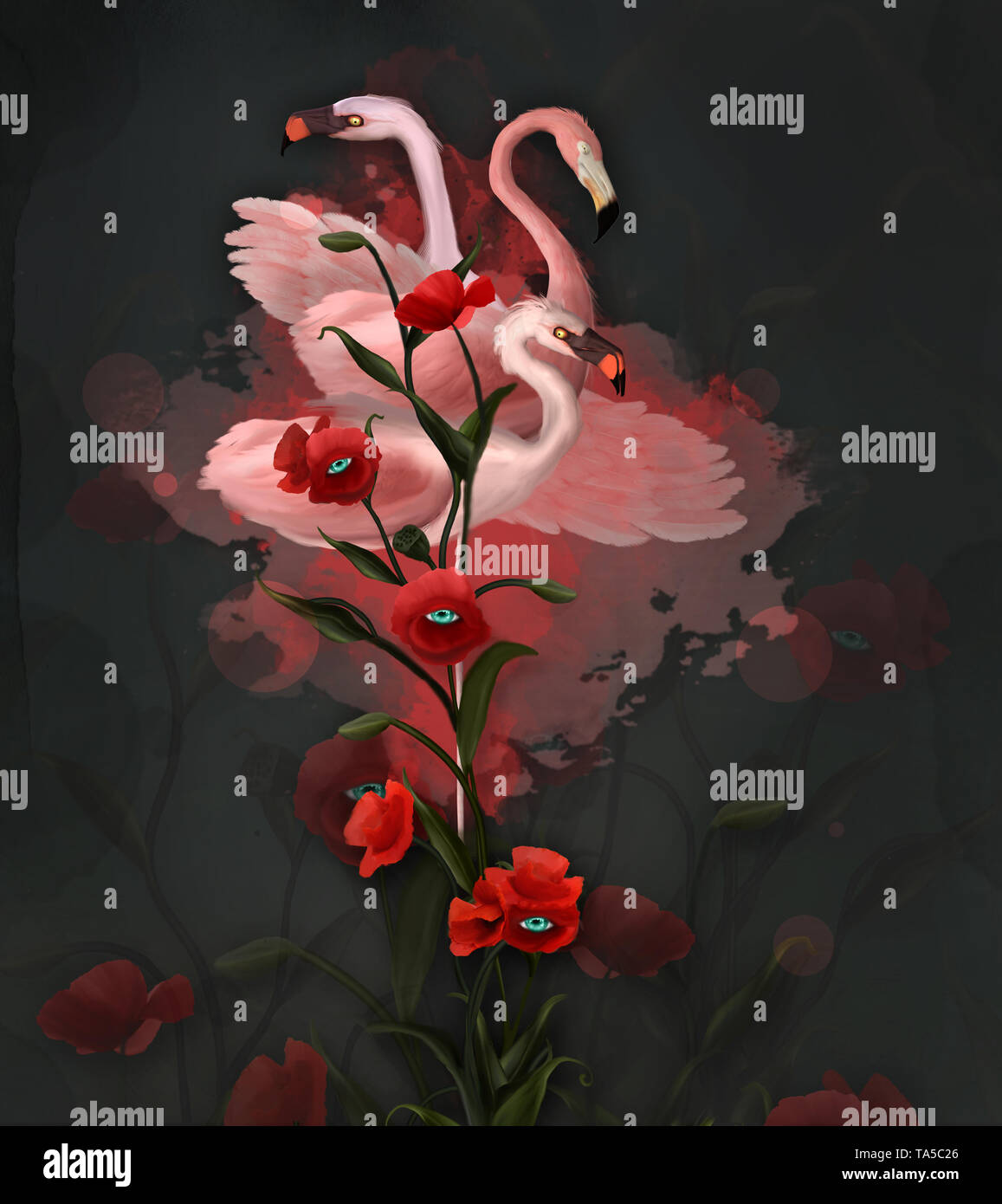 Surreale Hintergrund mit rosa Flamingos und Roter Mohn Stockfoto