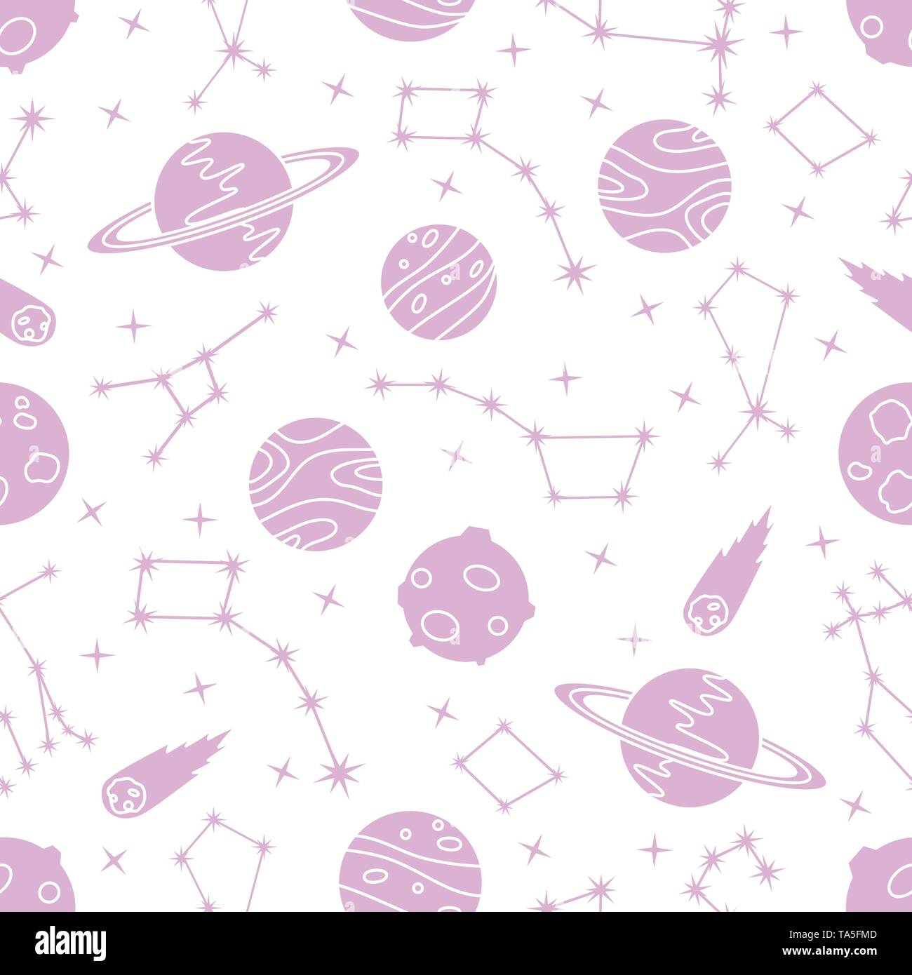 Die nahtlose Vektor Muster mit Sternbilder, Planeten, Saturn, Kometen. Die Erforschung des Weltraums. Die Astronomie. Wissenschaft. Design für Astronomie Apps, Websites, Drucken Stock Vektor