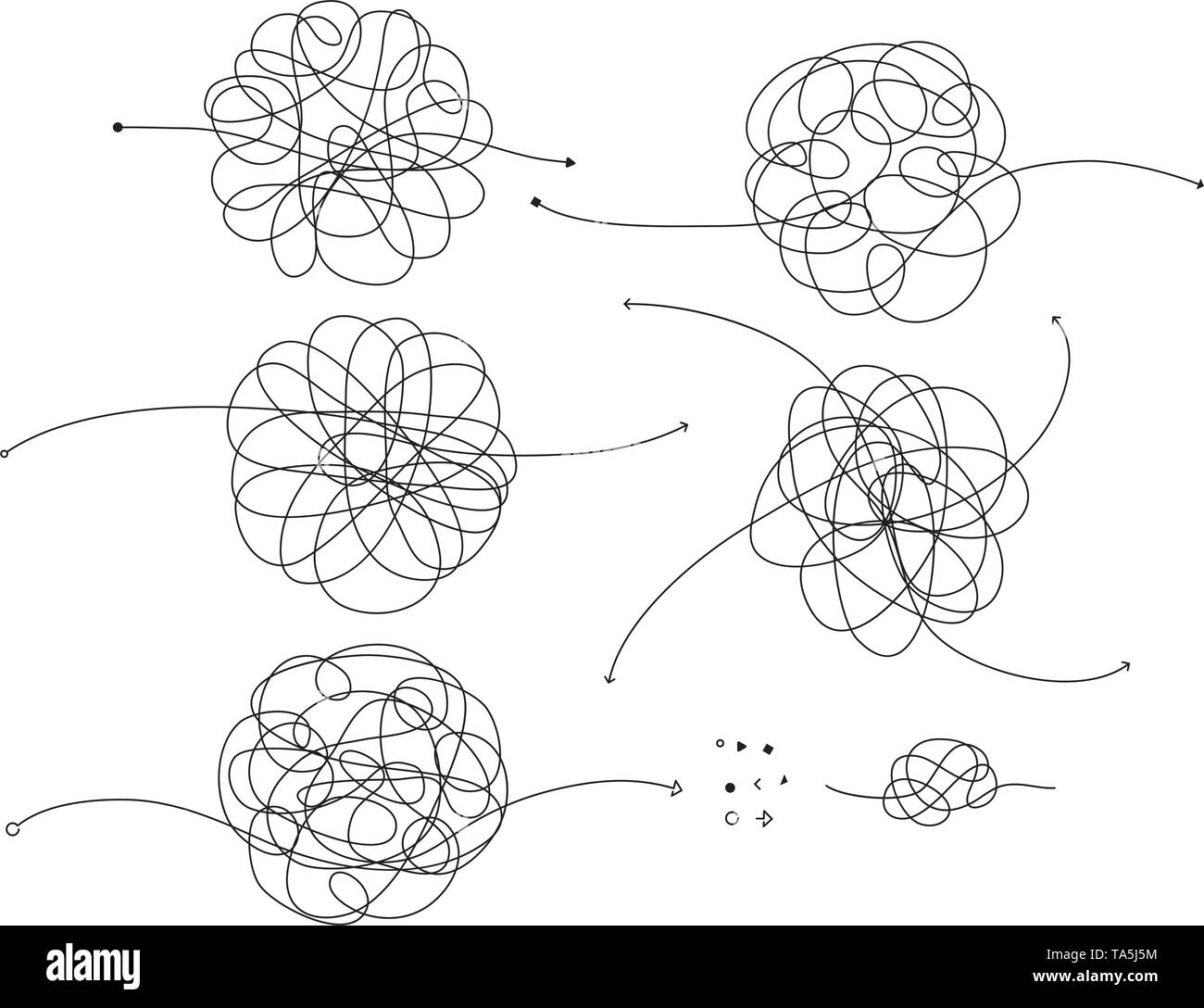 Vector Icons von verwirrt Prozess oder schwieriger Weg. Sammlung von thin line scribble Zeichnung der komplizierten Weg oder unordentlich Abbildung. Problem und Sol Stock Vektor