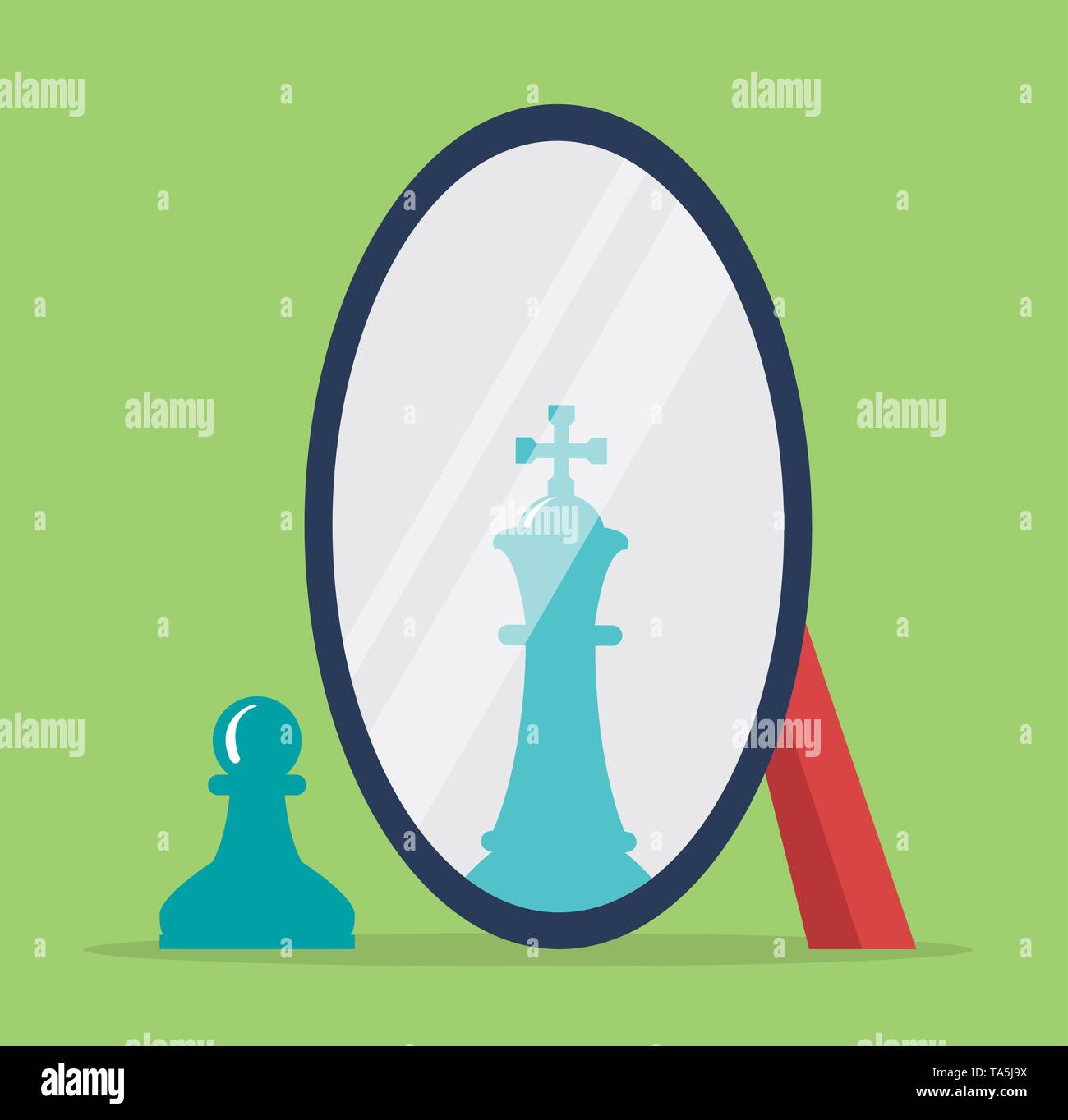 Vektor Konzept der Schach der Reflexion in einem Spiegel. pawn Träume ein König zu sein. Business Strategie zum Erfolg Abbildung. chess King im Spiegelbild. Stock Vektor