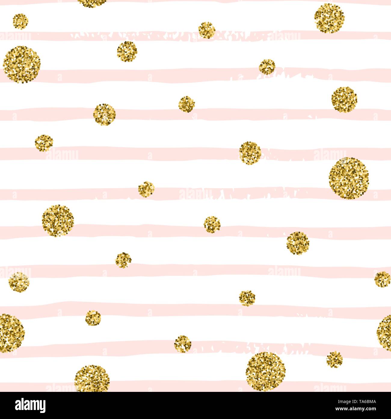 Gold Glitzer Dot auf Rosa gestreiften Hintergrund. Hand zeichnen Streifen und Polka Dots Vektor nahtlose Muster. Abstrakte endlose Textur Stock Vektor