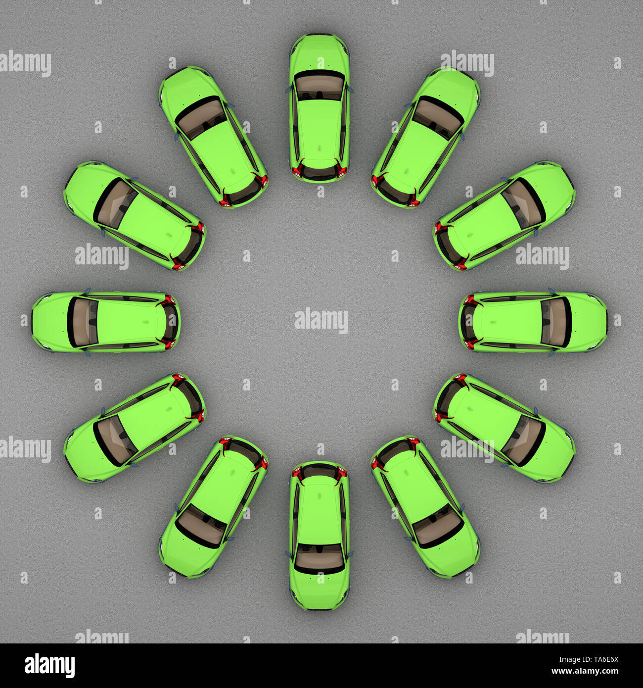 Grüne Autos stehen in einem Kreis, Ansicht von oben. 3D-Rendering Stockfoto