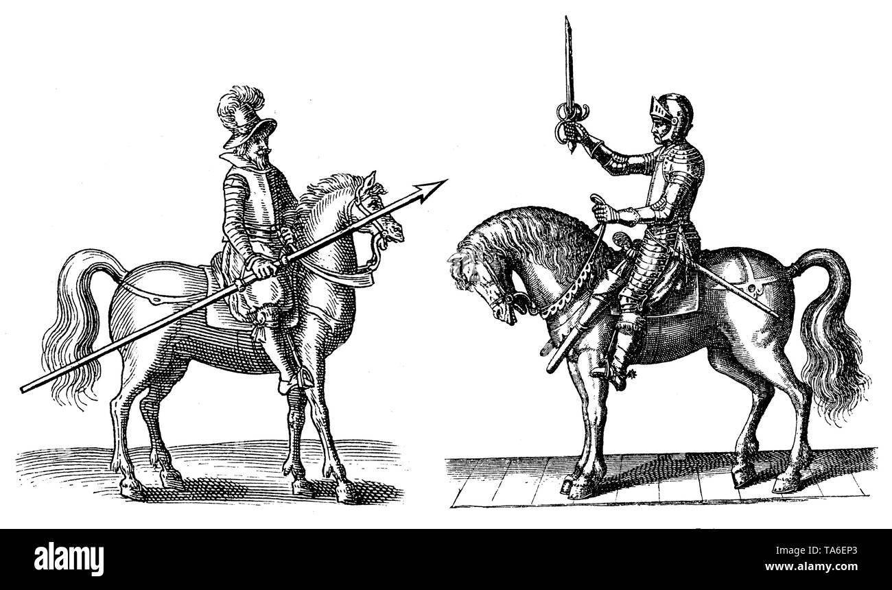 Lancer und2 aus der Zeit des Dreißigjährigen Krieges. Faksimile der ein Kupferstich in F.F. v. Wallhausen, 'Kriegskunst zu Pferde". Frankfurt am Main 1616,, (Geschichte Buch, 1902) Stockfoto