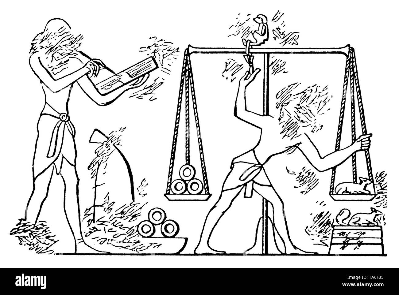 Wiegen von Gold Ringe mit Hilfe von Tier-förmigen Gewichte im alten Ägypten,, (Wirtschaft Buch, 1915) Stockfoto