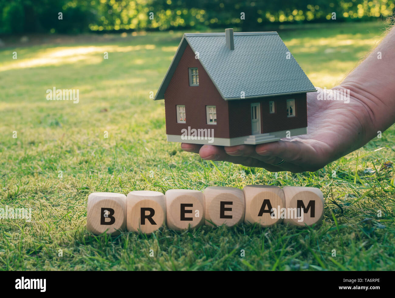 Cubes bilden die Abkürzung BREEAM (Building Research Establishment Environmental Assessment Method) vor einem Modell Haus. Stockfoto