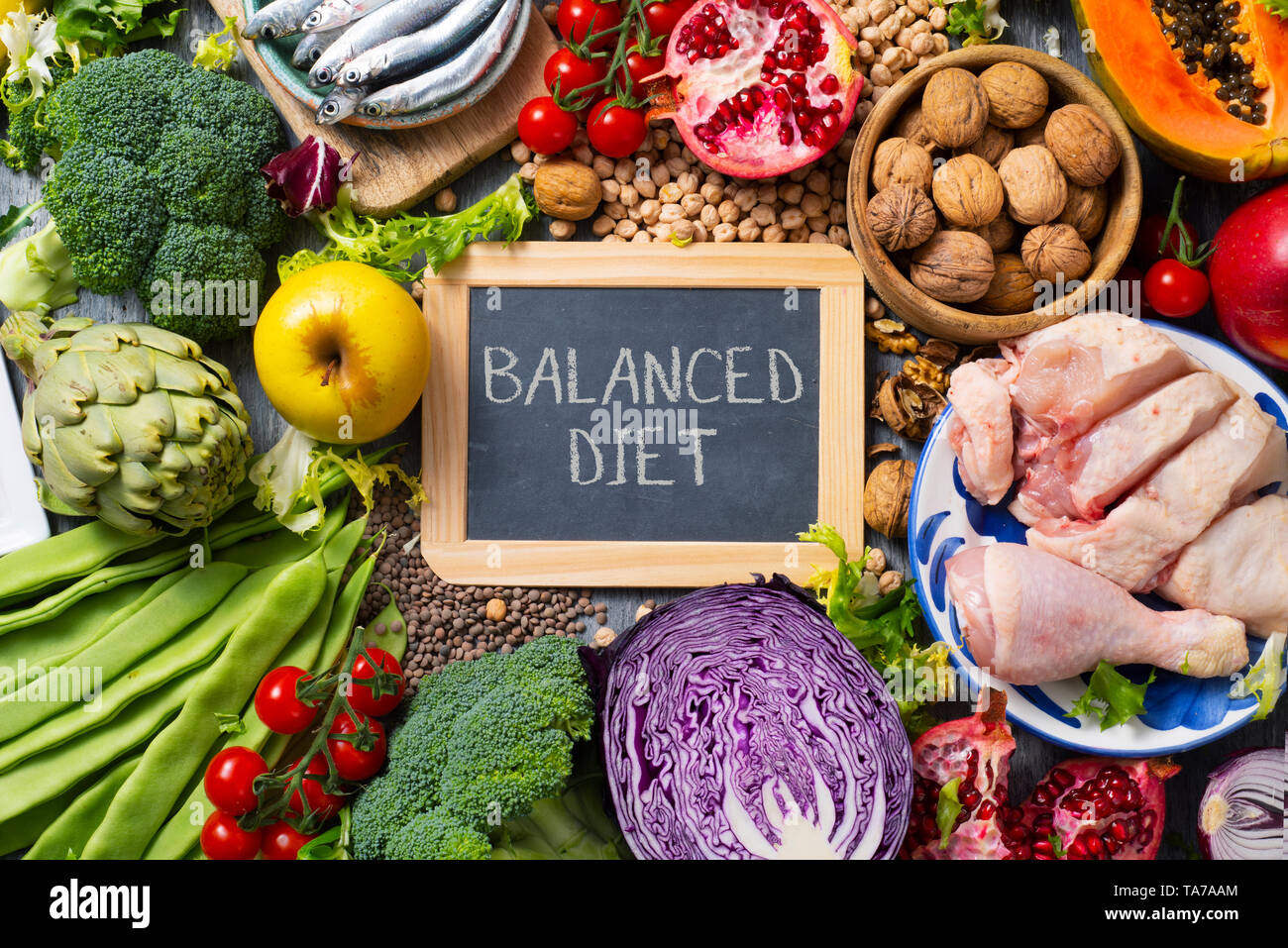Eine Tafel mit dem Text ausgewogene Ernährung geschrieben, auf einem Tisch voller eine andere rohe Früchte und Gemüse, Hülsenfrüchte und Nüsse, einige Stücke o Stockfoto