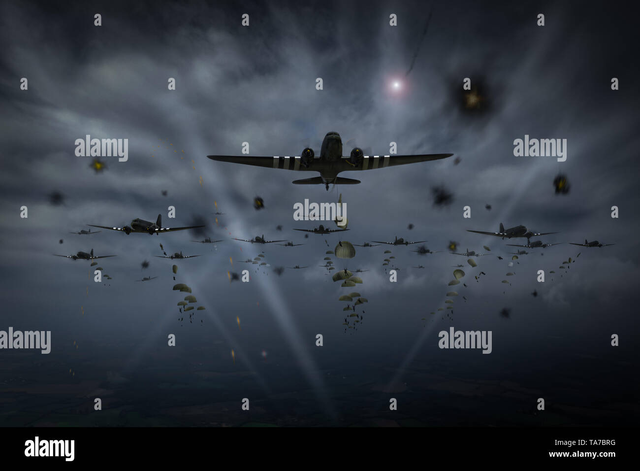 RAF C-47 Dakota Flugzeug begann der D-Day Invasion der Nazi - Europa durch Fallenlassen Fallschirmjäger hinter den Stränden der Landung belegt. Flug Kunstwerke Darstellung. Stockfoto