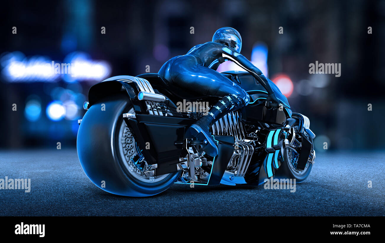 Biker Mädchen mit Helm reiten ein sci-fi-bike, Frau auf Schwarz futuristisches Motorrad in Night city street, Rückansicht, 3D-Rendering Stockfoto