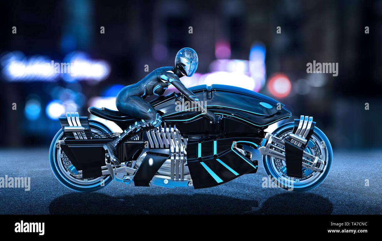Biker Mädchen mit Helm reiten ein sci-fi-bike, Frau auf Schwarz futuristisches Motorrad in Night city street, Seitenansicht, 3D-Rendering Stockfoto