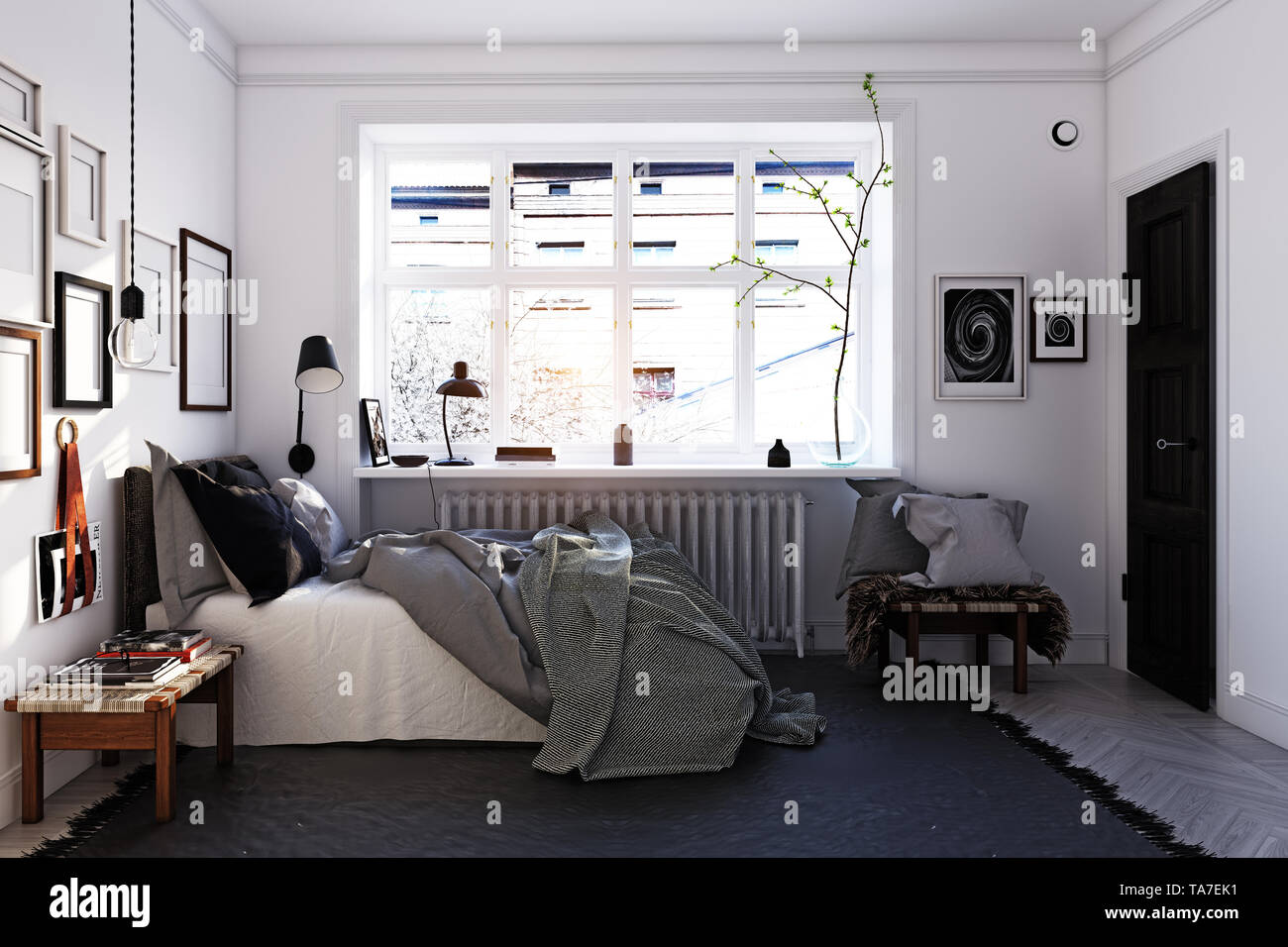 Schlafzimmer im skandinavischen Stil eingerichtet. 3D-rendering Konzept Design Stockfoto