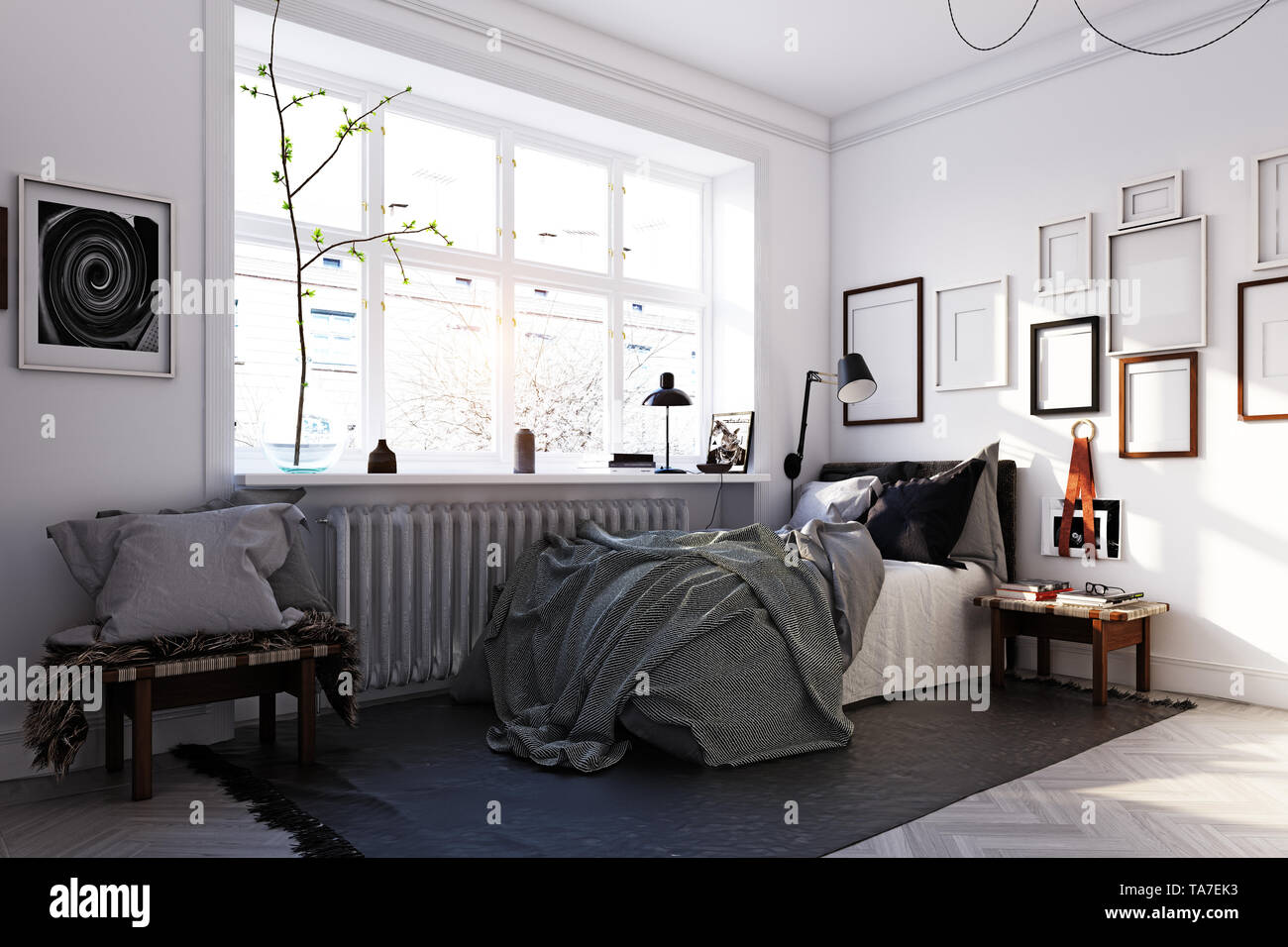 Schlafzimmer im skandinavischen Stil eingerichtet. 3D-rendering Konzept Design Stockfoto