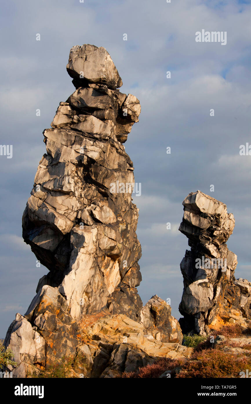 Felsformation Teufelsmauer (Teufel an der Wand), aus erodierten Sandsteine. Nahaufnahme der Mittelsteine in der Nähe von WedderslebenHarz Vorland, Sachsen-Anhalt, Deutschland Stockfoto