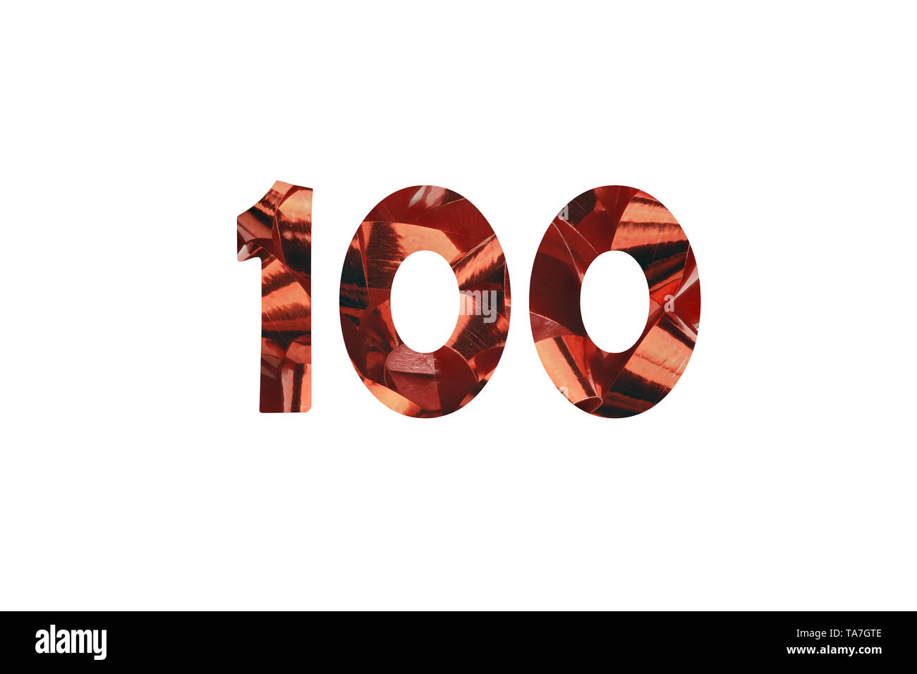 Nummer 100 - Abbildung rot Geschenkband mit Ausschneiden Nummer 100 Stockfoto