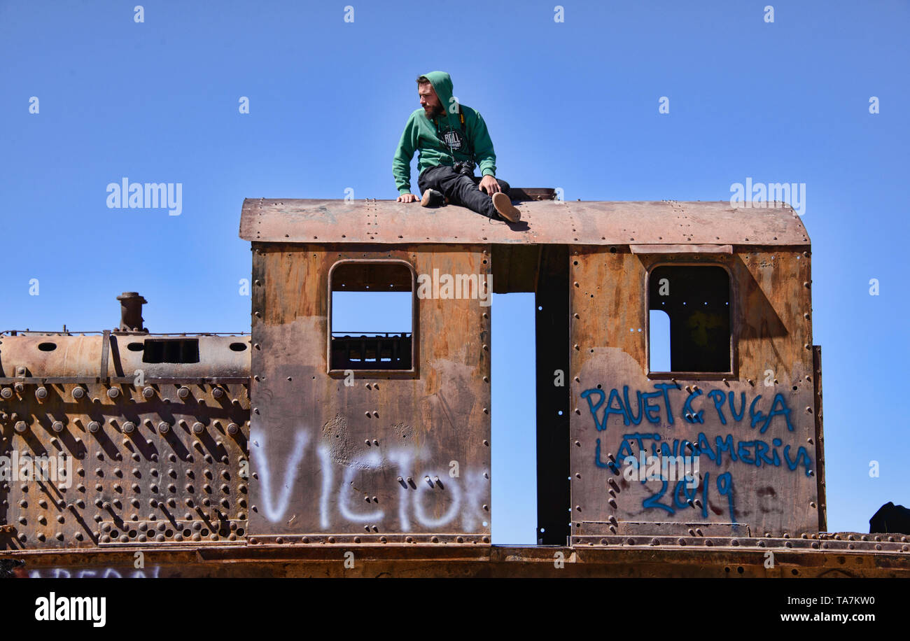 Zug Friedhof der abgebrochenen Lokomotiven, Uyuni, Bolivien Stockfoto