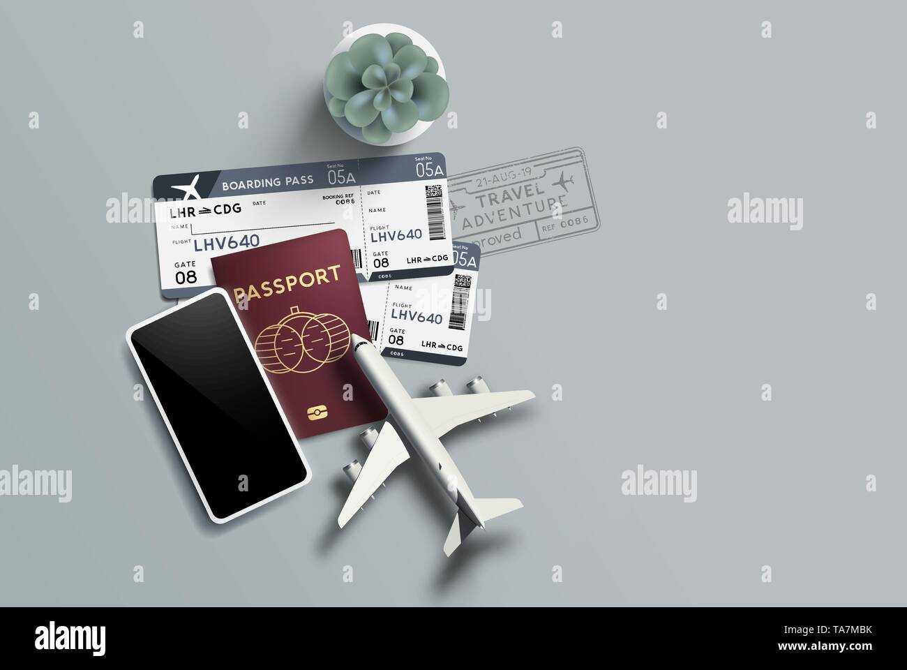 Reisepläne Hintergrund mit einem Pass und Flugzeug Boarding Karten. Vector Illustration Stock Vektor