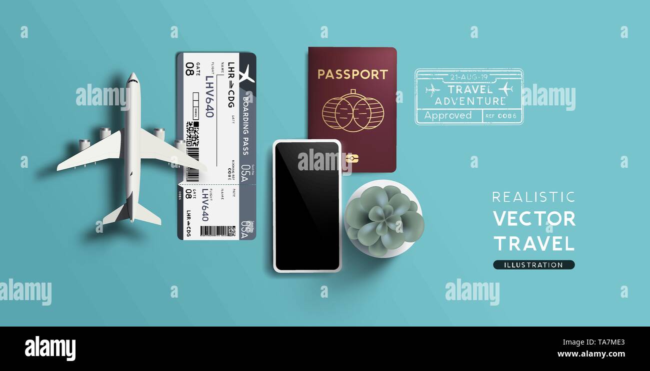 Reisen Hintergrund mit einem Spielzeug Flugzeug, Reisepass und Fluggesellschaft Bordkarten Tickets. Vector Illustration. Stock Vektor