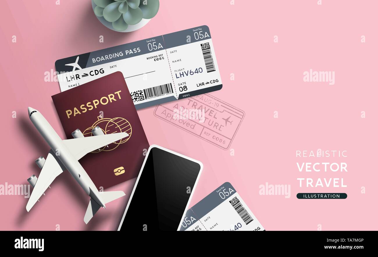 Travel Concept mit einem Pass, Airline Tickets und Bordkarten spielflugzeug. Vector Illustration. Stock Vektor