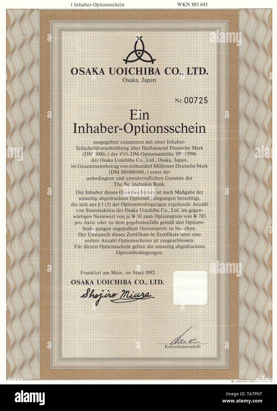 Historische Wertpapiere, Zertifikat, Zertifikat, Träger rechtfertigen, Wertpapier, Inhaber-Optionsschein, japanische Yen, Deutsche Mark, Osaka Uoichiba Co., Ltd.", "uog Holding Osaka, 1992, Fukushima-ku, Oaska, Japan, Asien ausgestellt in Frankfurt am Main, Deutschland, Europa Stockfoto