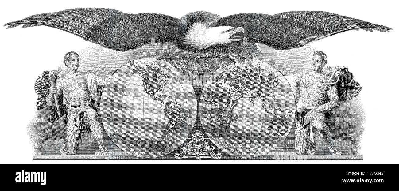 Historische Aktie, Detail der Vignette, allegorische Darstellung, Weißkopfseeadler (Haliaeetus leucocephalus) mit 2 Weltkugeln und griechischen olympischen Göttern (Hermes), US-amerikanische Fluggesellschaft, Pan Am, Pan American World Airways, Inc., 1967, New York, USA, historische Zertifikat, Detail der Vignette, allegorische Darstellung eines kahler Adler mit zwei Seiten der Welt und der griechischen Olympischen Götter, Hermes, American Airlines, Pan Am, Pan American World Airways, Inc., 1967, New York, USA Stockfoto