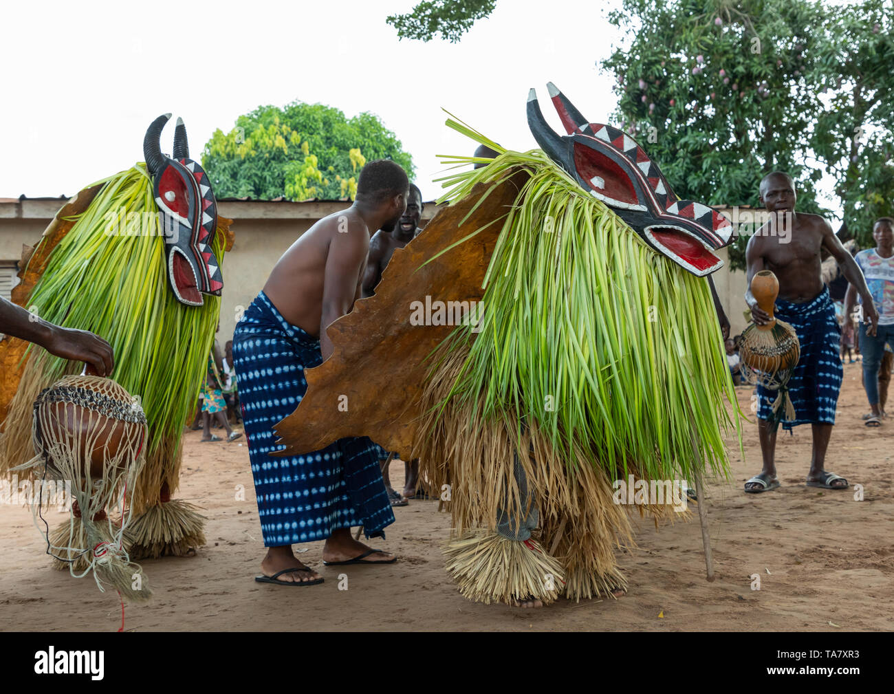 Goli heilige Masken Paar in Baule Stamm während einer Zeremonie, Région de l'Esperance, Bomizanbo, Elfenbeinküste Stockfoto