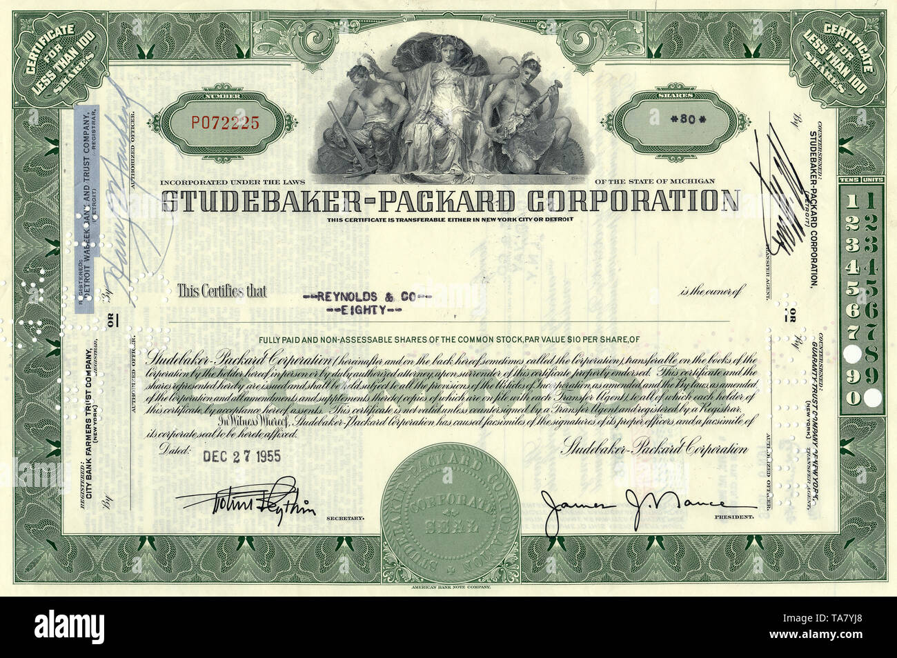 Historische Aktie, Automobilhersteller, Studebaker-Packard Corporation, 1955, New York, USA, historische Zertifikat, Automobilhersteller Stockfoto