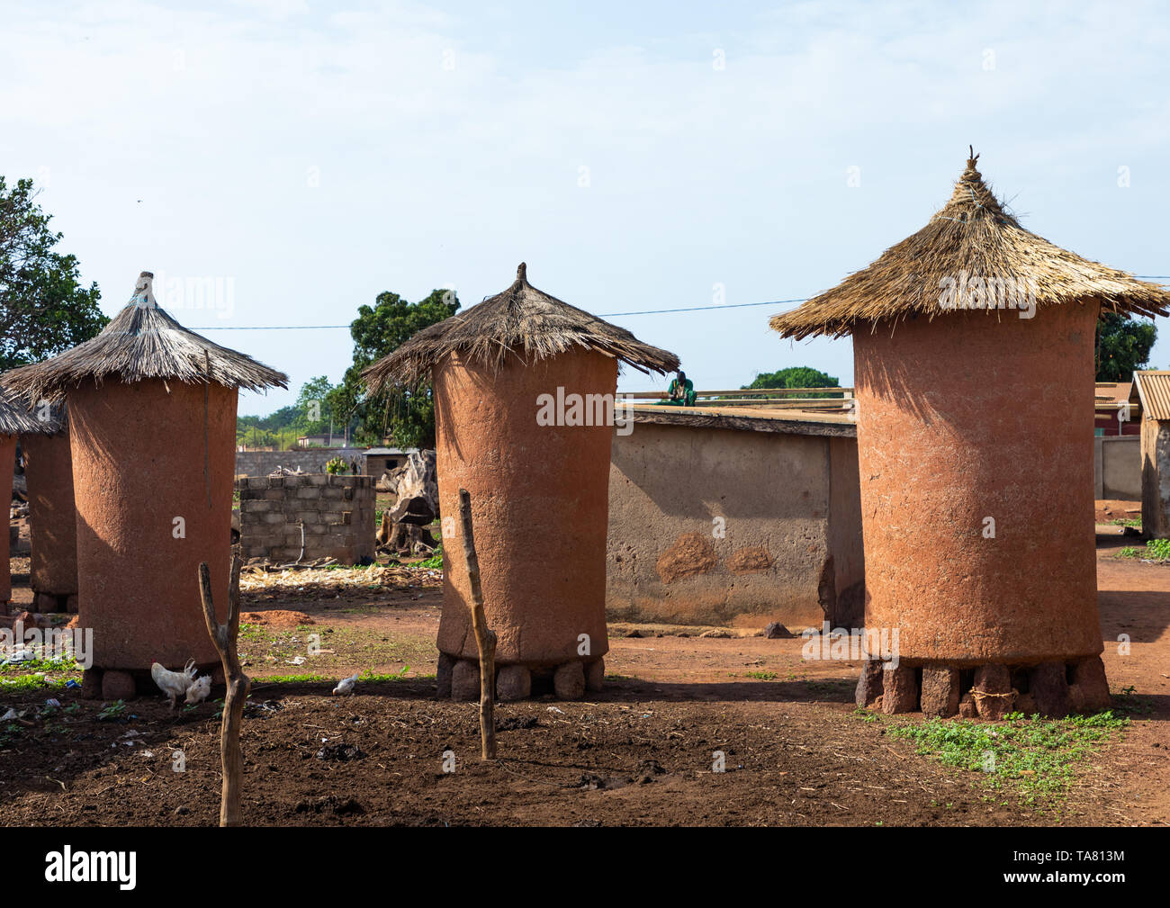 Adobe Getreidespeicher mit Strohdächern, Savanes Bezirk, Niofoin, Elfenbeinküste Stockfoto