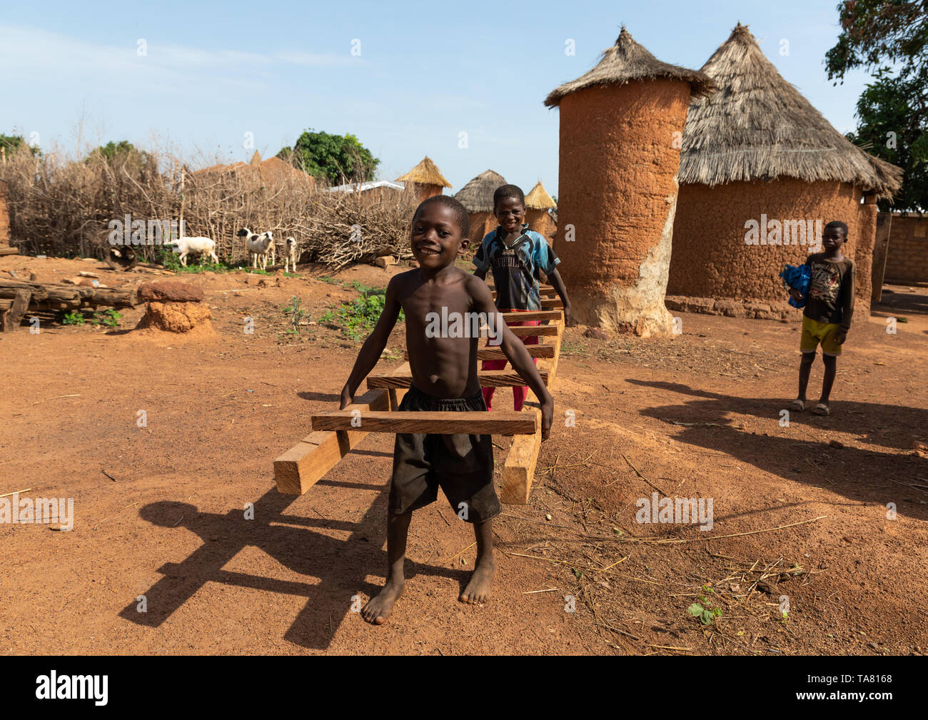 Afrikanische Kinder, die eine Leiter vor der Kornspeicher, Savanes Bezirk, Niofoin, Elfenbeinküste Stockfoto