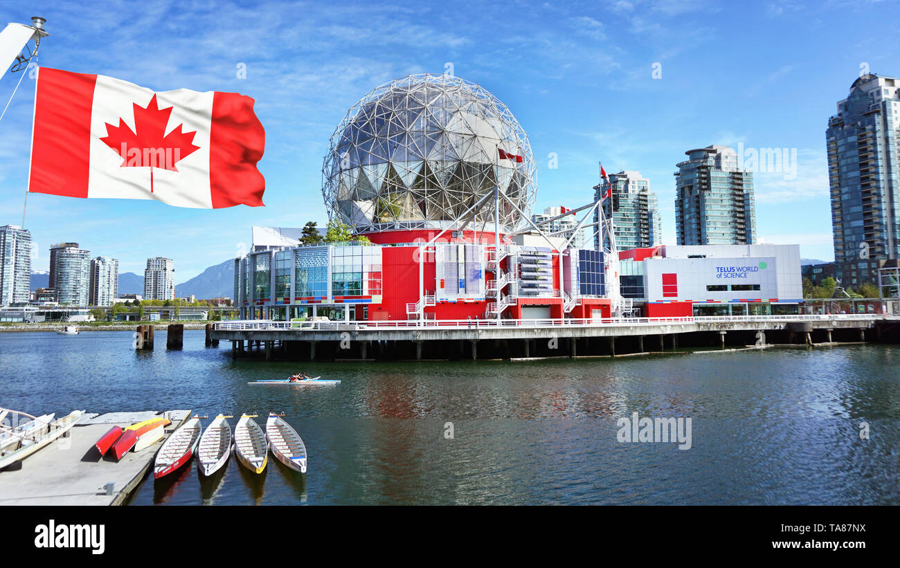 Vancover, British Columbia, Kanada - Mai 7,2019 - Downtown Vancover zeigt das Telus Wissenschaftszentrum Manchmal rufen Science World, die in 19 geöffnet war Stockfoto