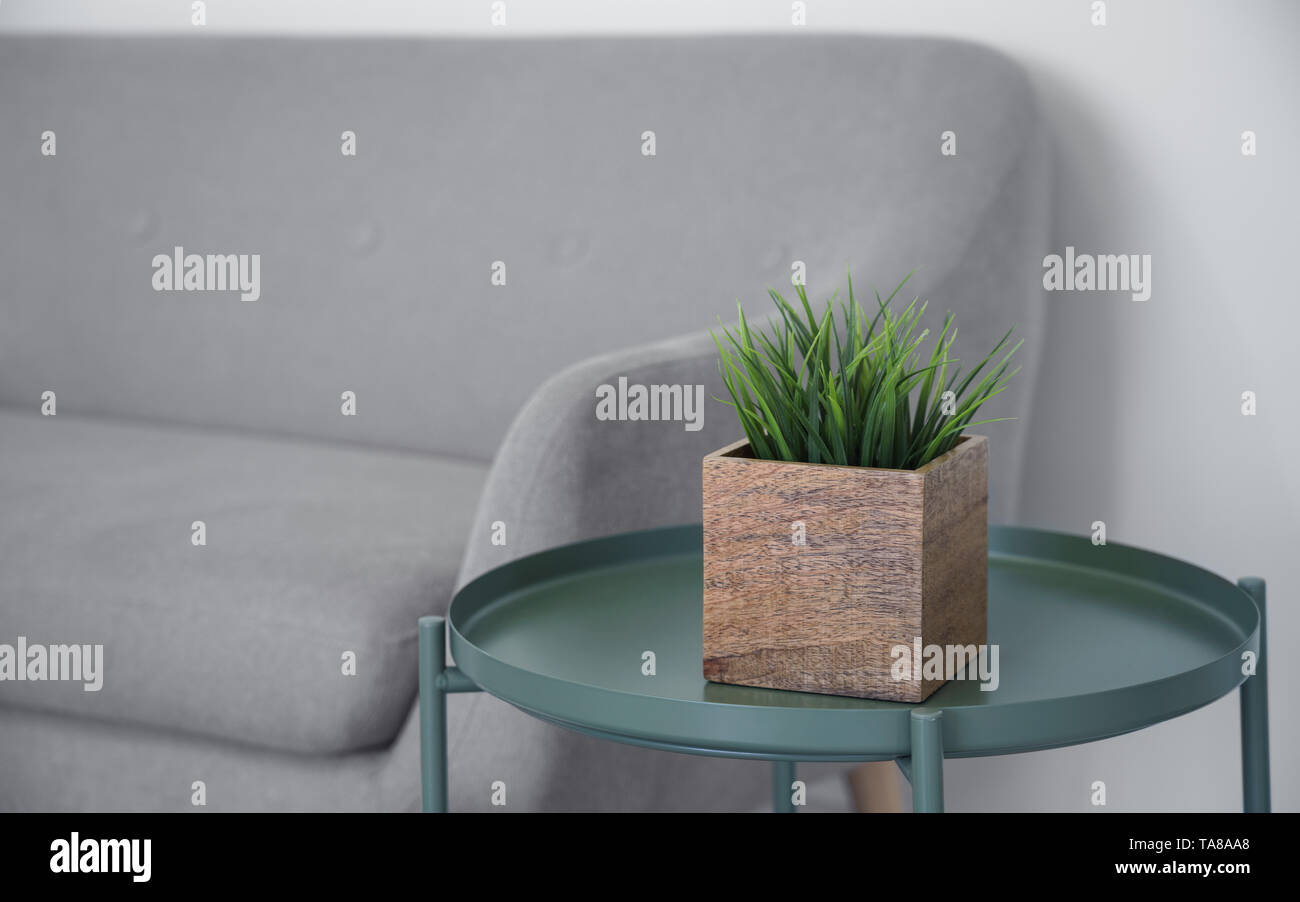 Holzwürfel Blumentopf auf grün Metall moderne Tisch und graue Sofa Stockfoto