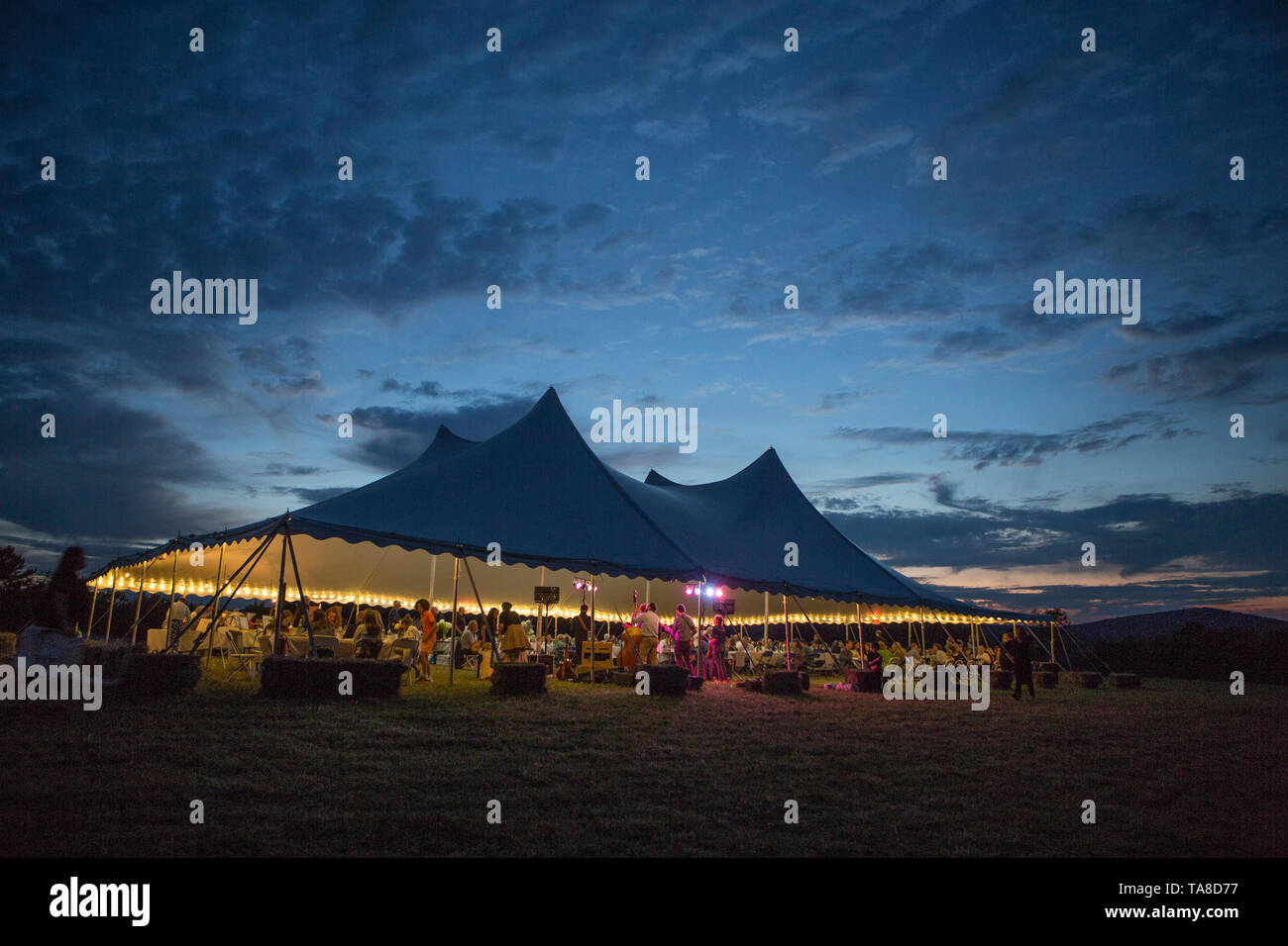 Gruppe von Personen bei Outdoor Party im großen Zelt in der Dämmerung Stockfoto